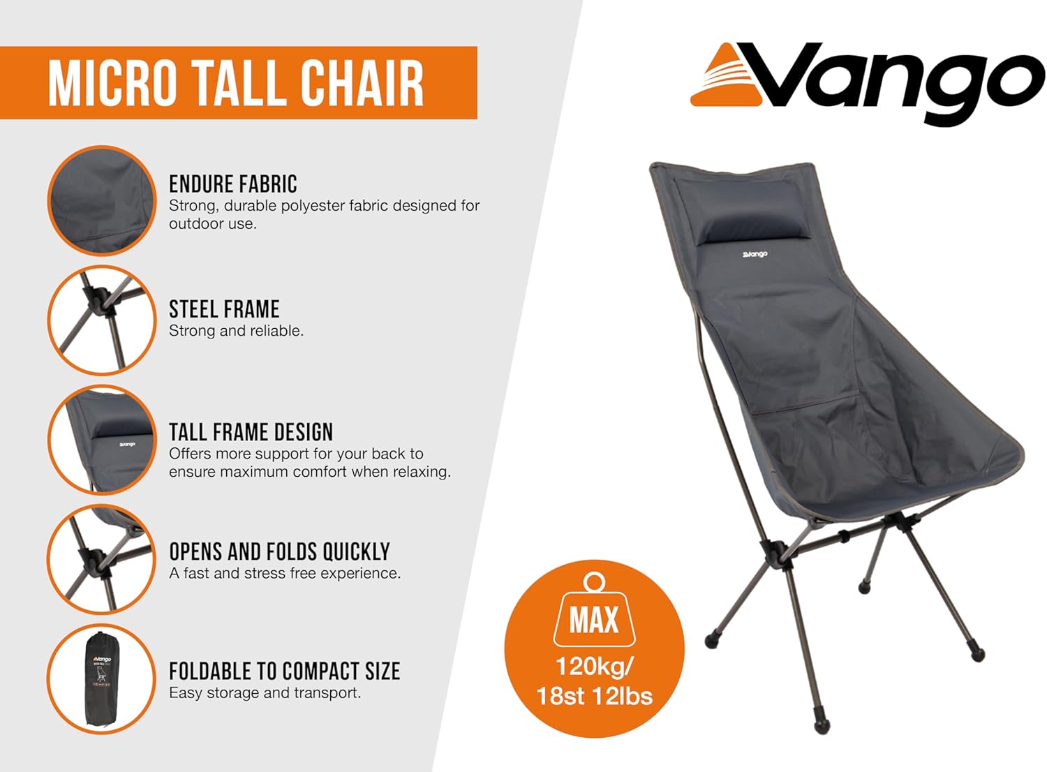 Tall Foldable Camping Chair Compact High Back Ink