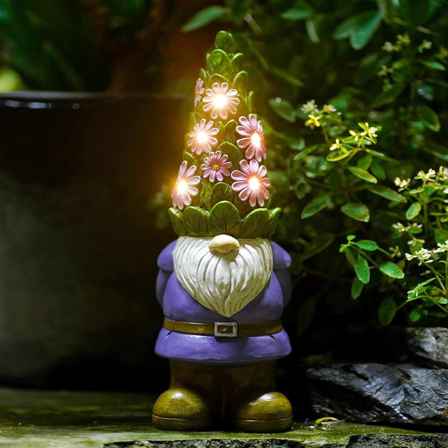 Solar Garden Gnome Statue LED Flower Lights Outdoor Patio Decor