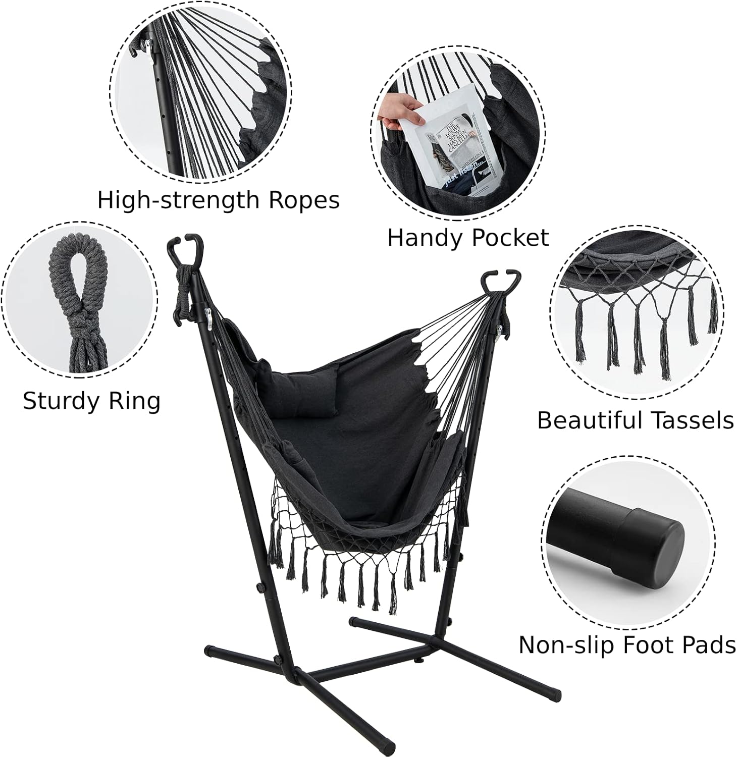 Hammock Chair with Stand Phone Holder Grey Swing Seat