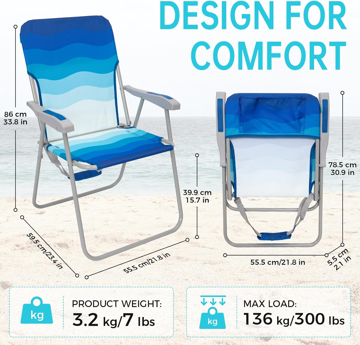 Folding Beach Chair High Back Wide Seat Dark Blue