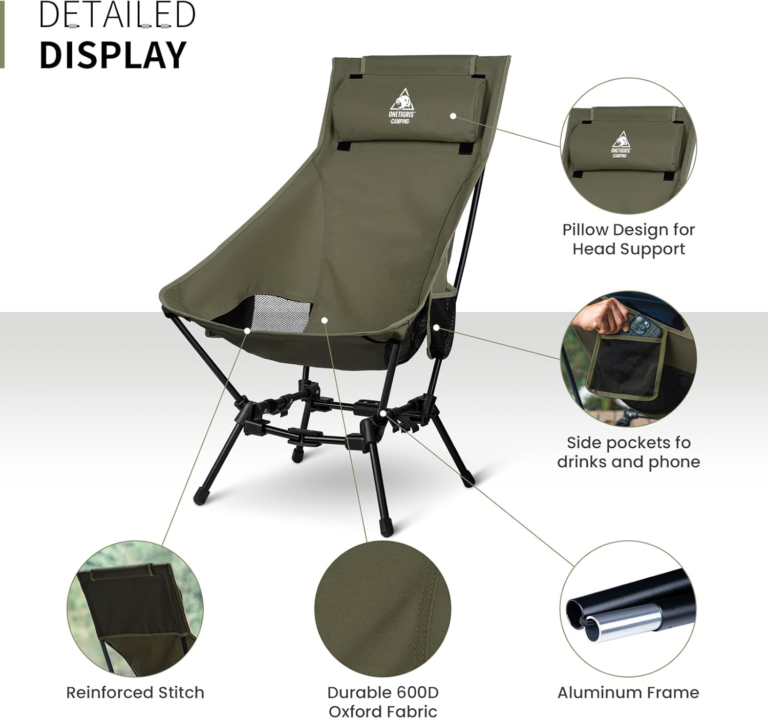 Oversized Camping Chair with Pillow 275lb Green