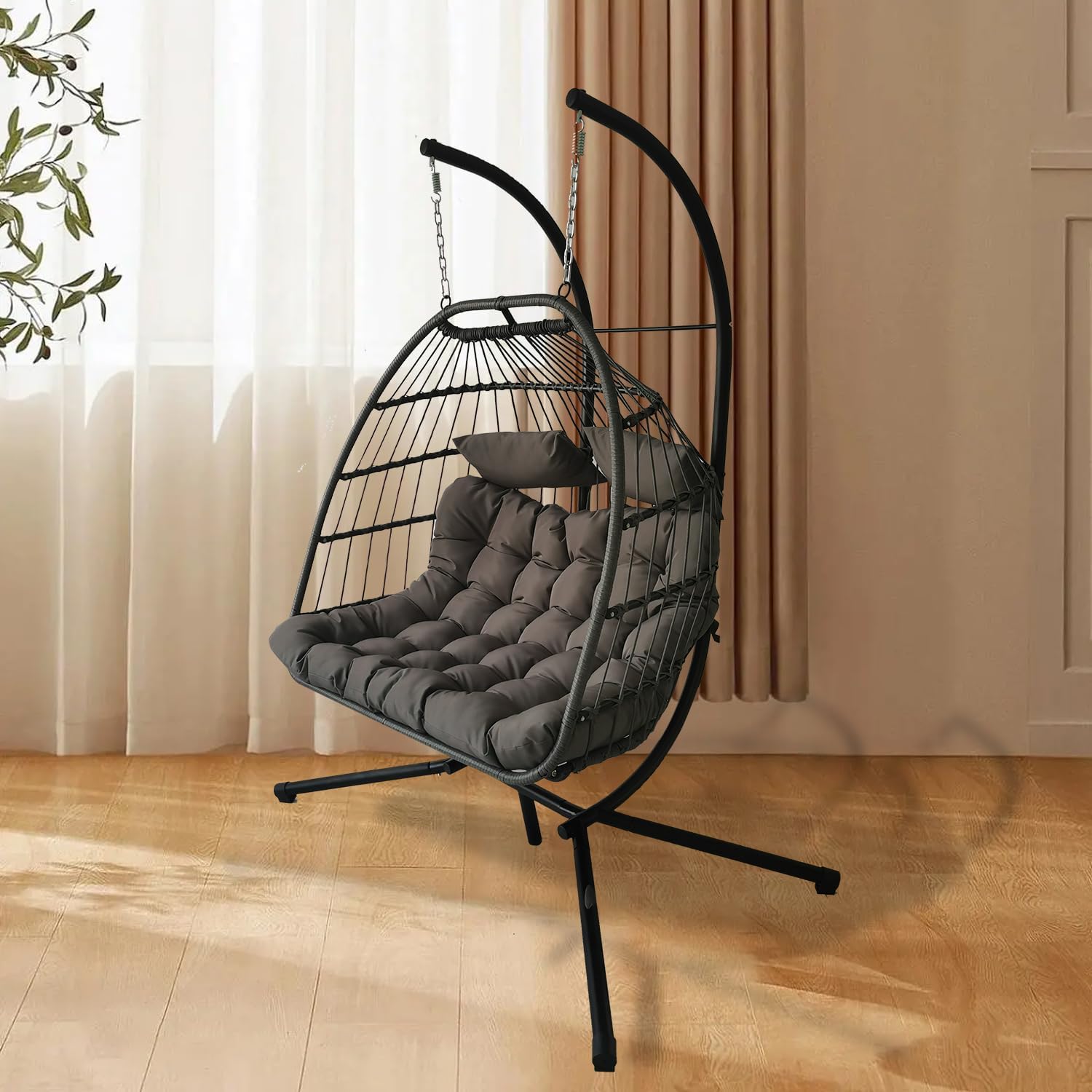 Double Egg Chair Swing Rattan Hanging Seat Stand Cushions Grey