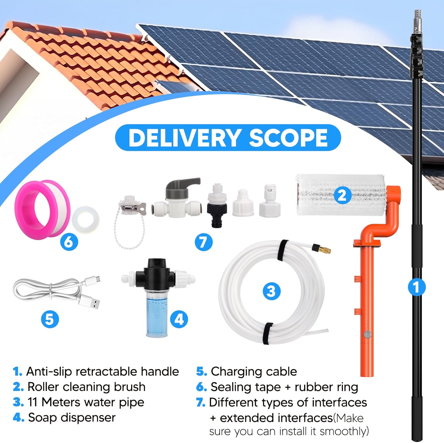 6.2M Electric Solar Panel Cleaning Kit Water Fed Pole Brush