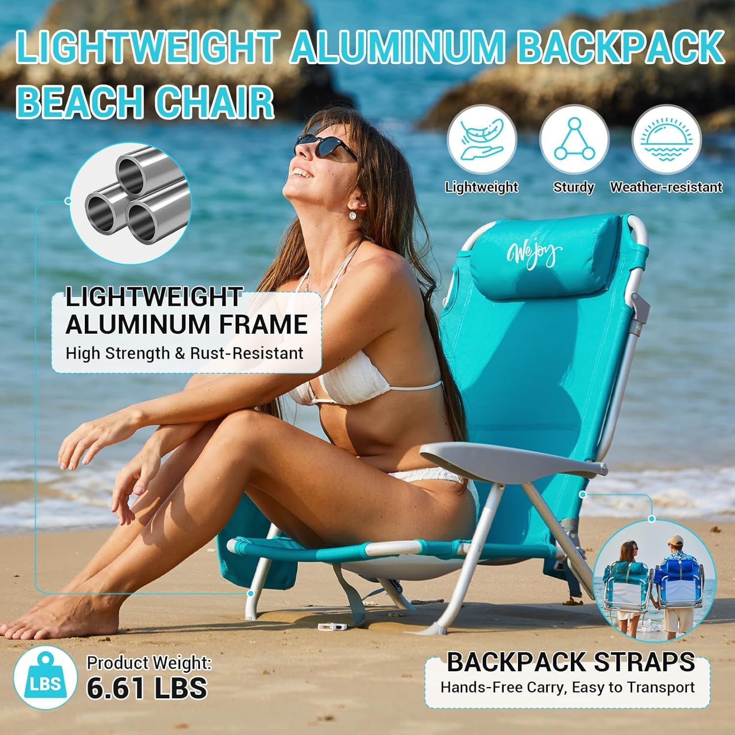 2 Pack Cyan Adjustable Beach Chairs Folding Reclining Seats