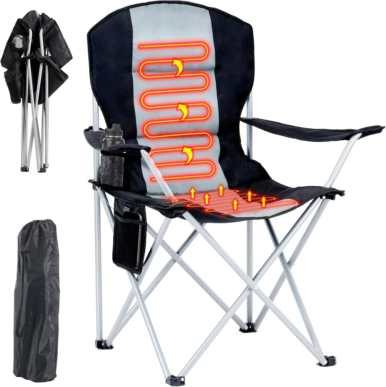 Heated Folding Camping Chair 180kg 3 Heat Levels Cup Holder