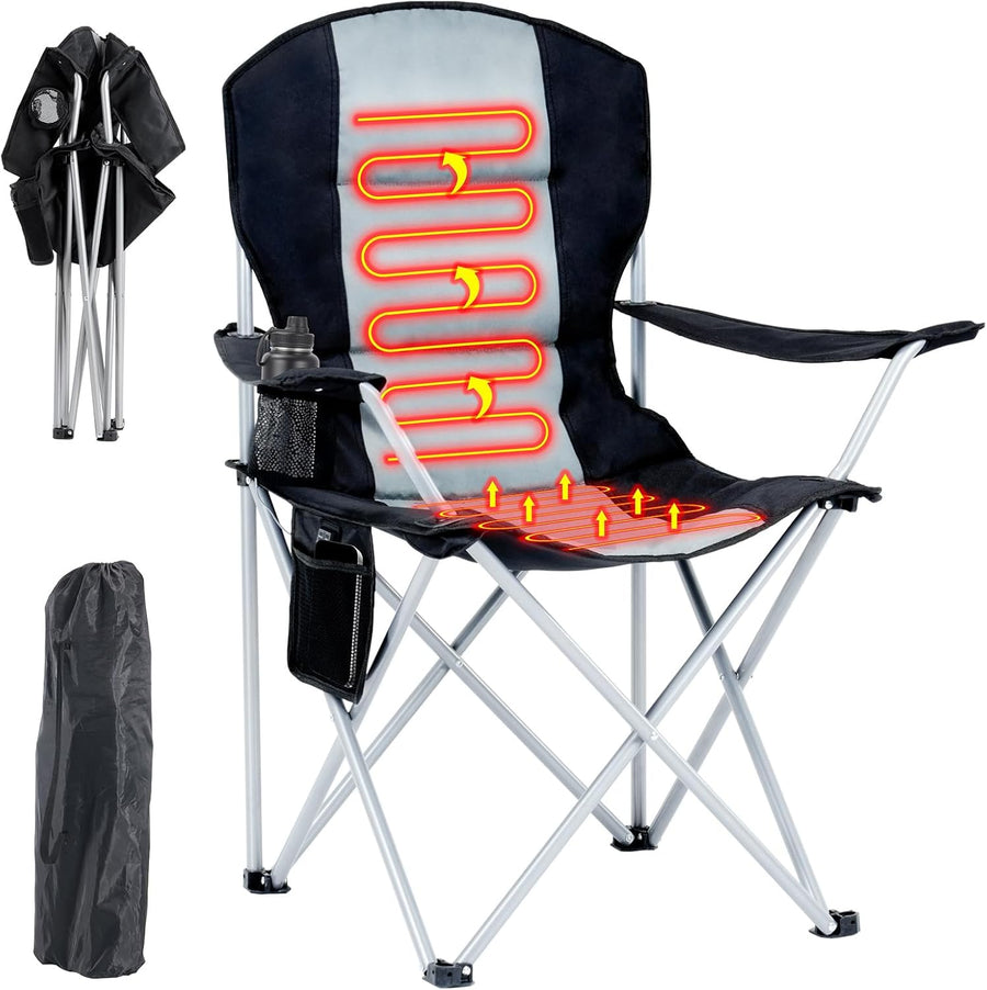 Heated Folding Camping Chair 180kg 3 Heat Levels Cup Holder