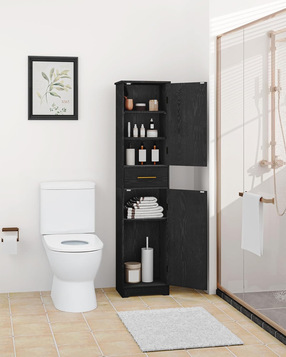 Tall Slim Storage Cabinet Black Drawer Doors Adjustable Shelf
