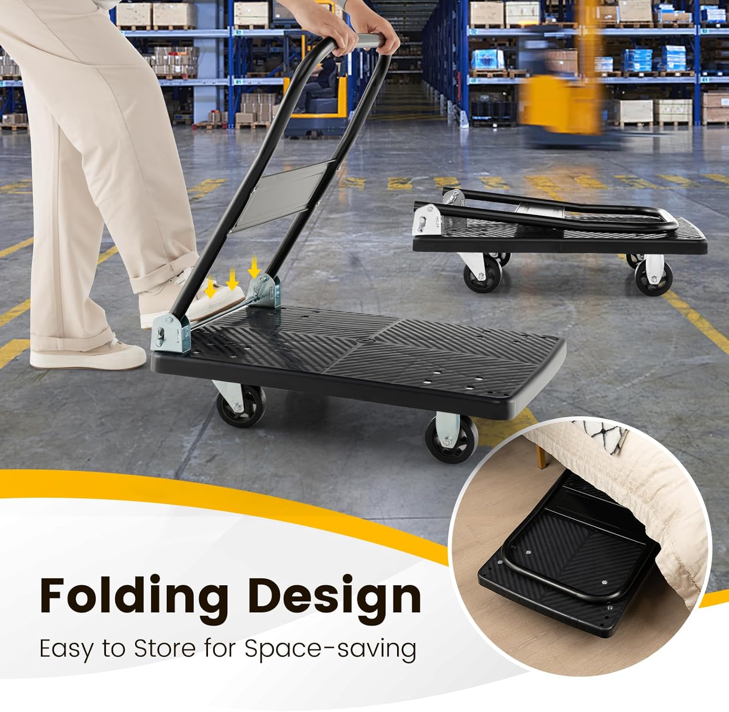 Folding Push Cart Dolly 200KG Flatbed Trolley Black