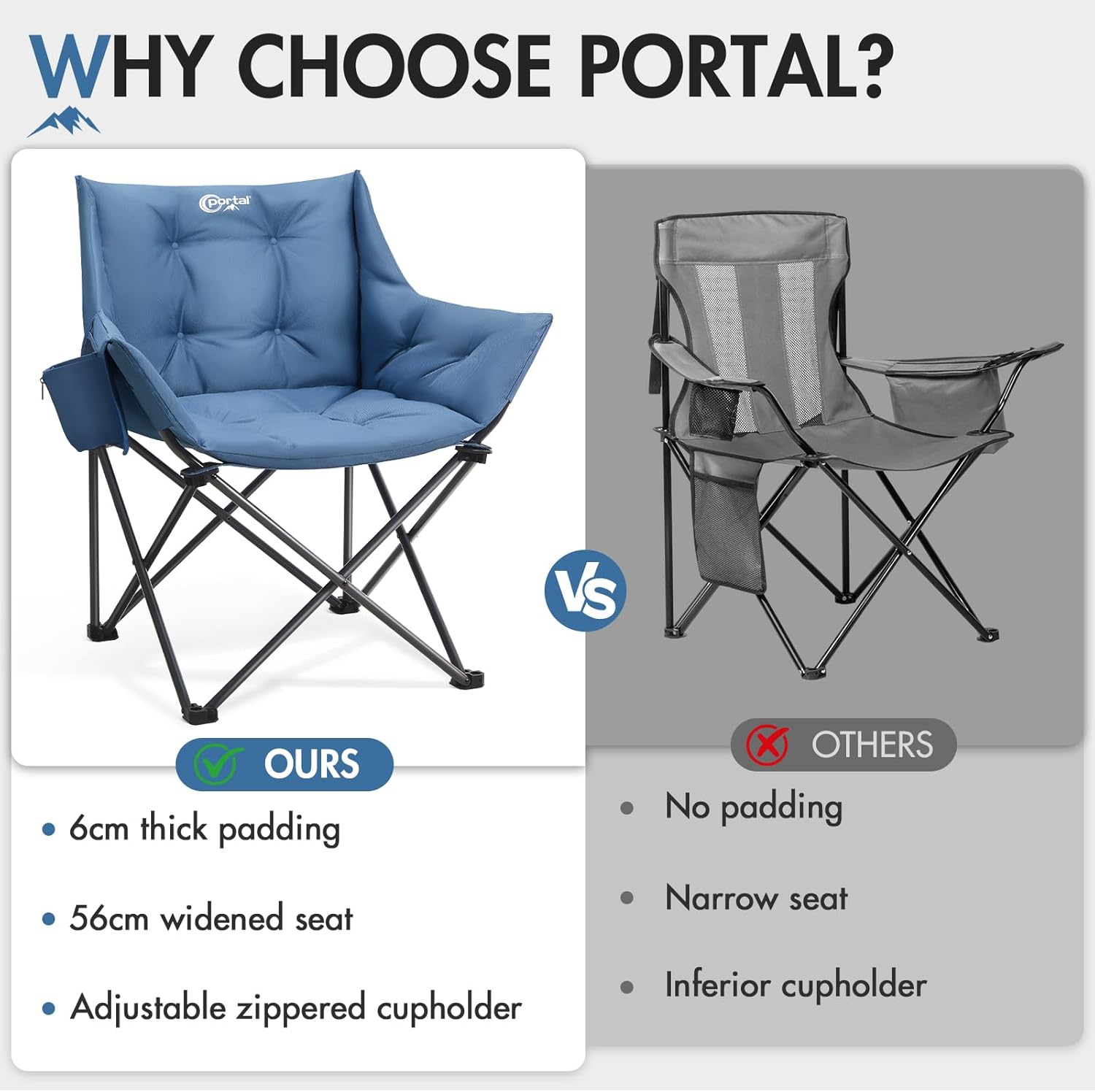 Padded Tub Camping Chair Wide Seat 150KG Blue