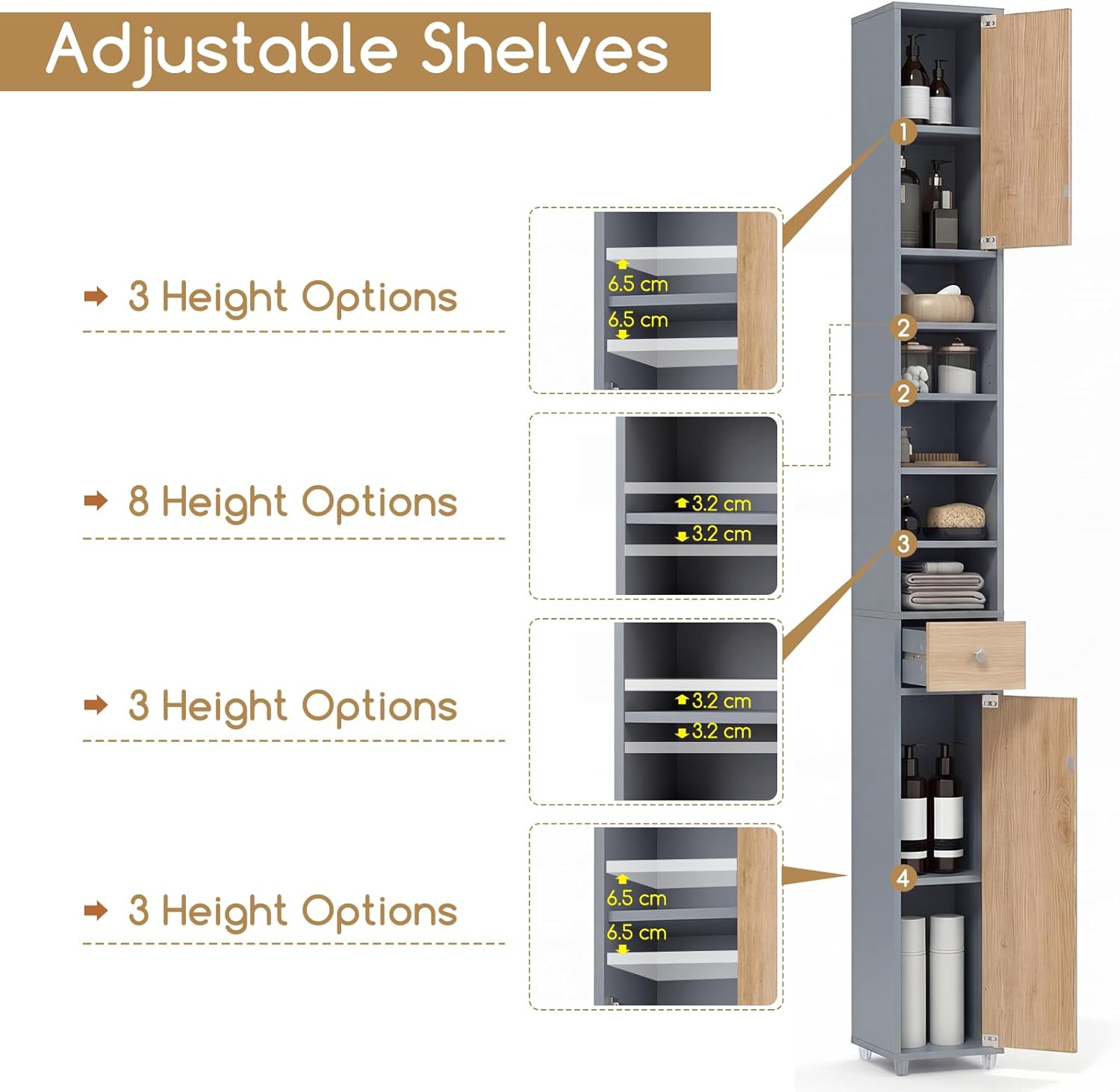 Tall Slim Bathroom Storage Cabinet Drawer Shelves Natural Grey
