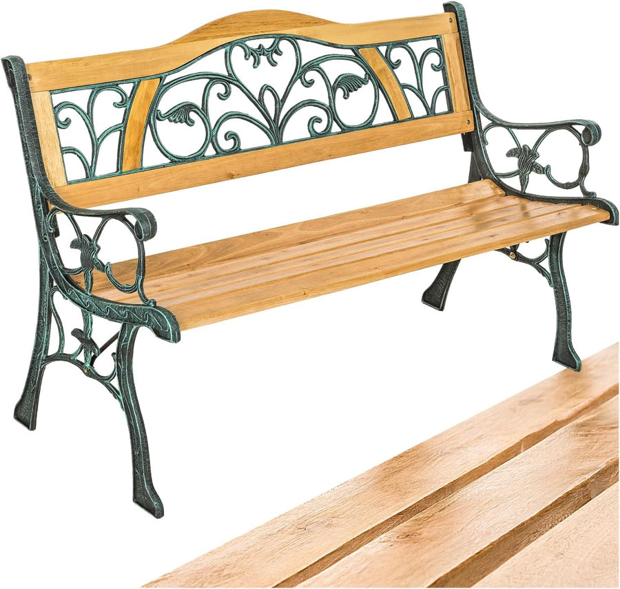 2 Seater Wooden Garden Bench Cast Iron Frame Outdoor Patio Seat