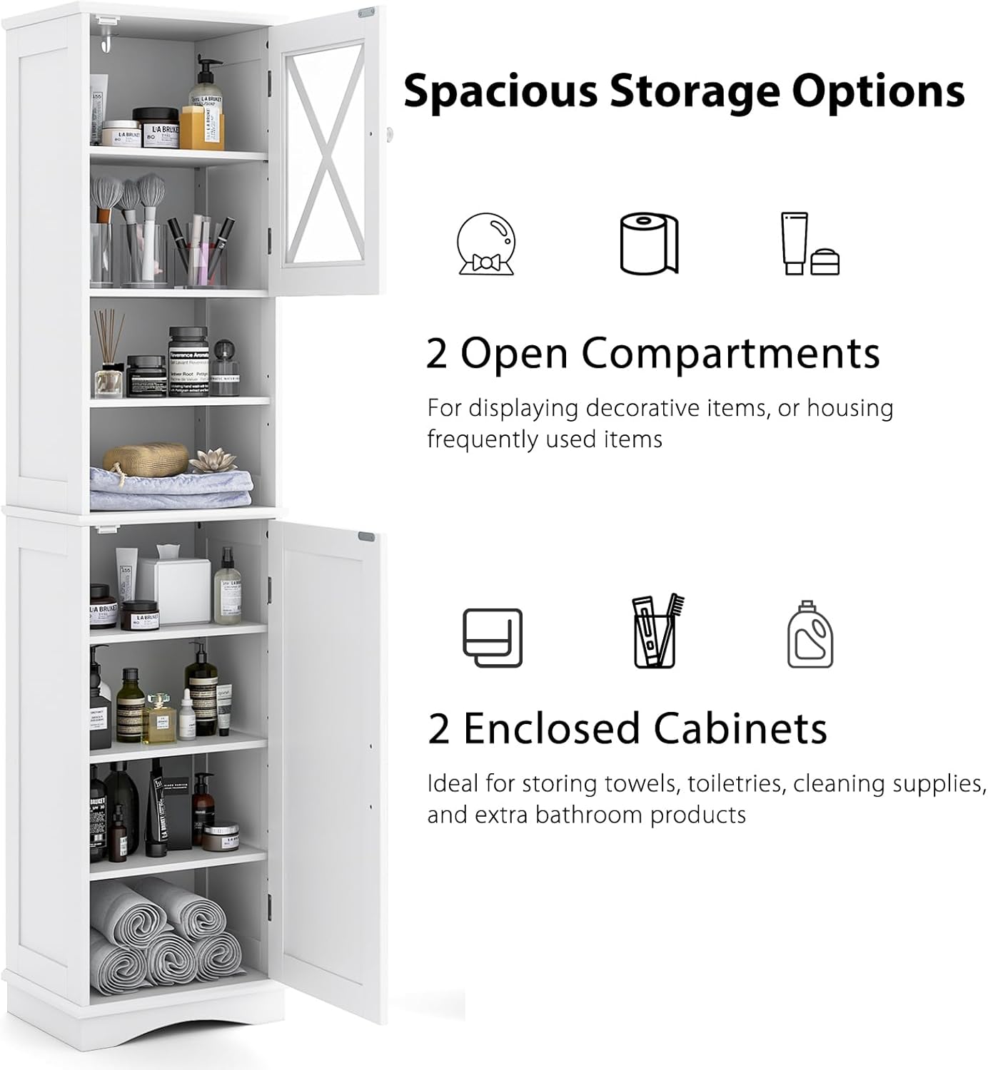 Tall Bathroom Storage Cabinet 2 Door Shelf Unit White