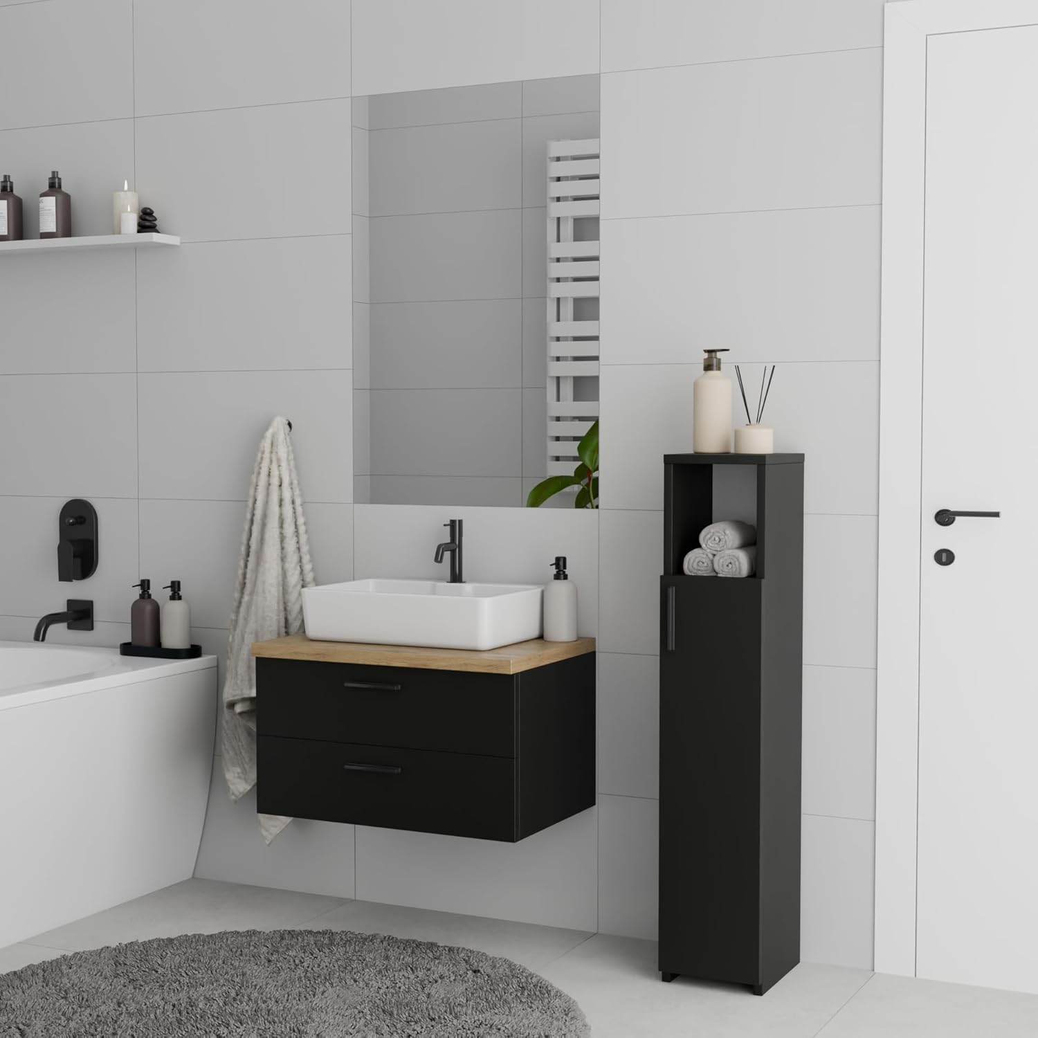 Slim Tall Bathroom Storage Cabinet Freestanding Black Organizer