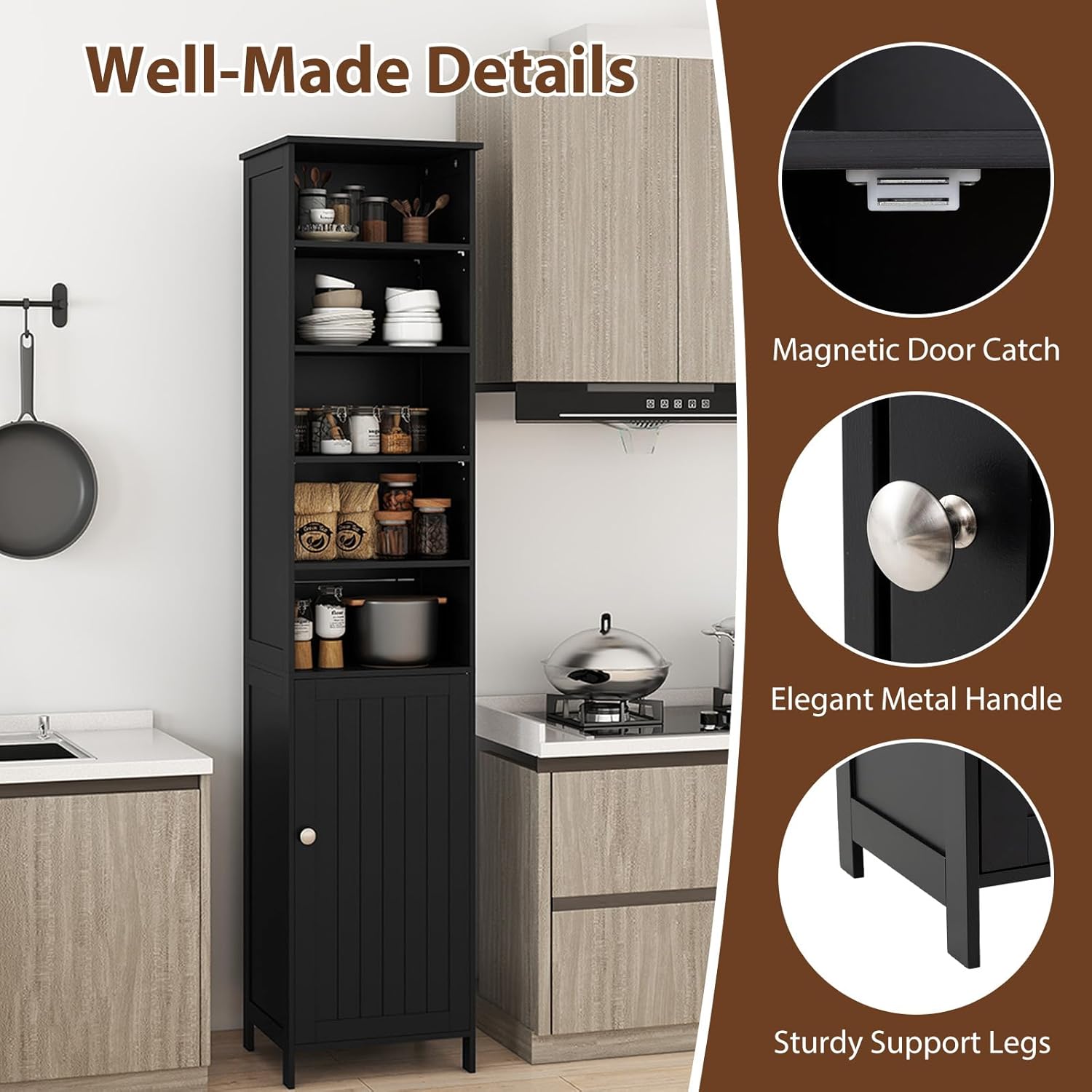 Tall Bathroom Storage Cabinet Black Adjustable Shelf Unit
