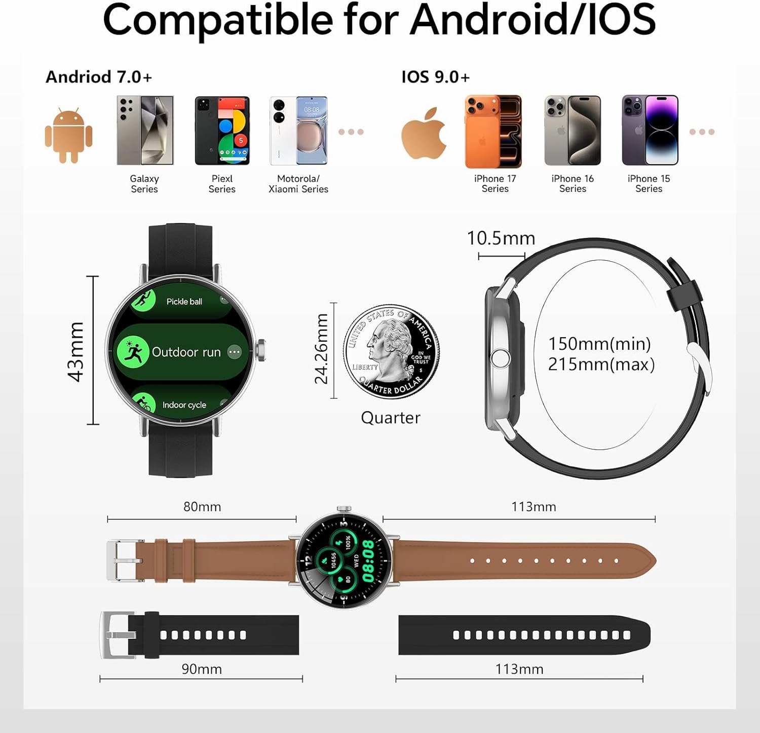 Round Smart Watch Bluetooth Call Black 2 Bands