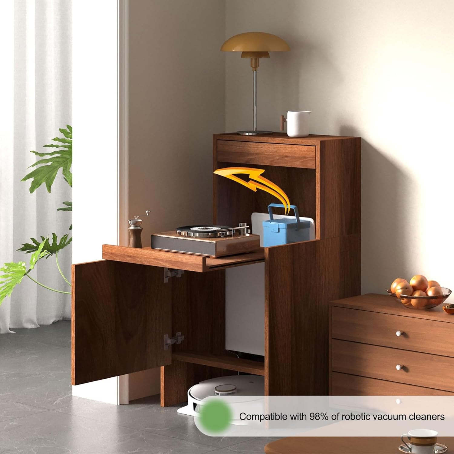 Robot Vacuum Storage Cabinet Side Table Hidden Organizer Pull Out Shelf