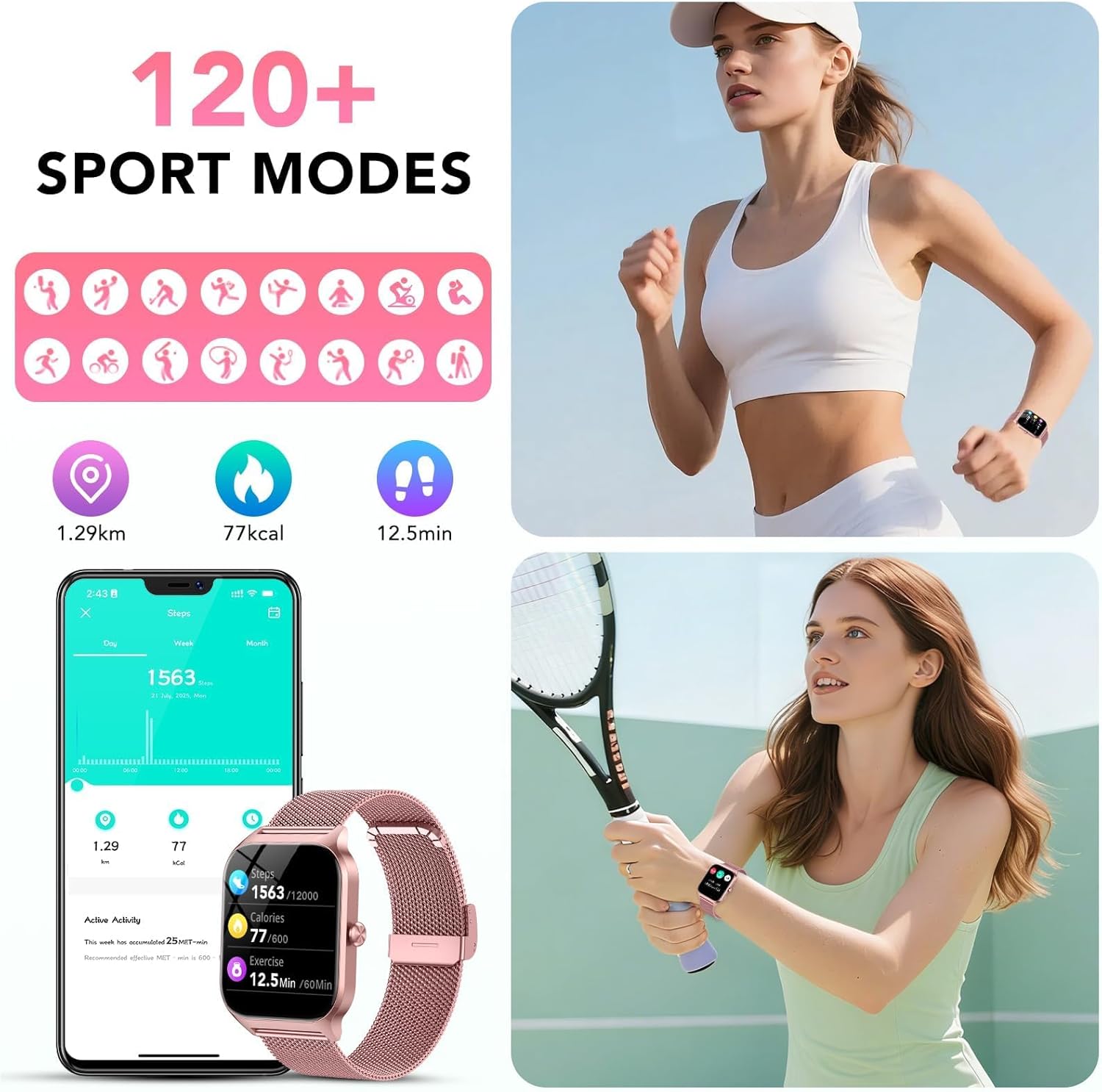 Rose Gold Women Smart Watch Call 120 Sports