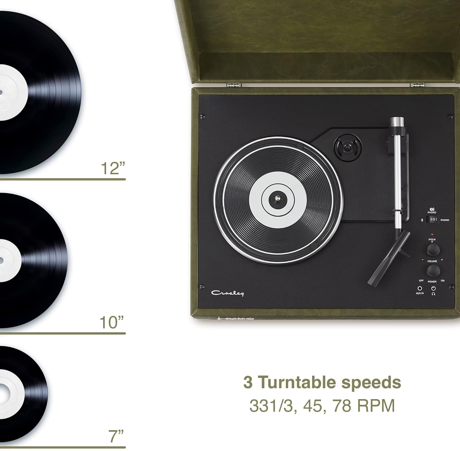 Portable Bluetooth Record Player 3 Speed Suitcase Green
