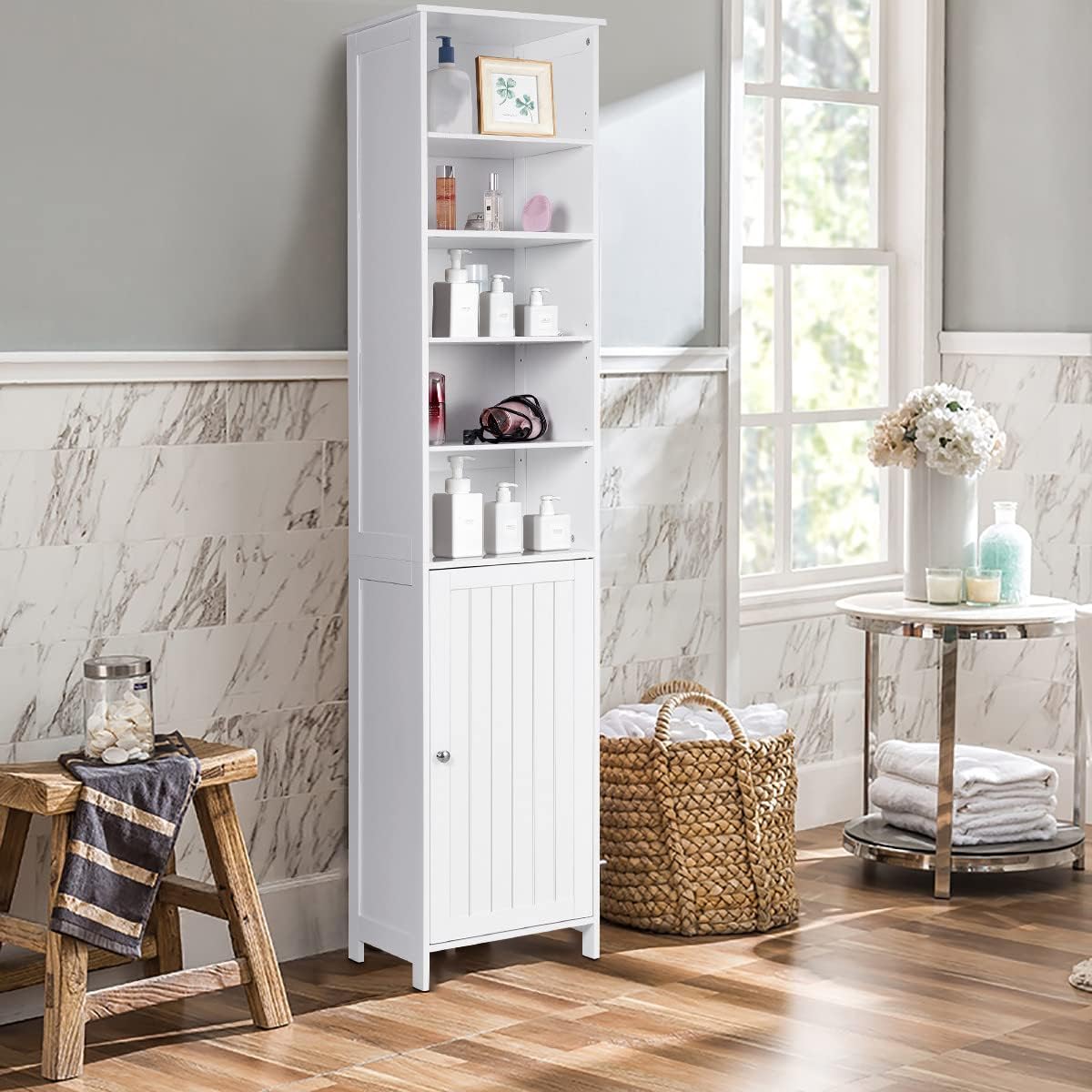Tall Bathroom Storage Cabinet White Adjustable Shelf Unit