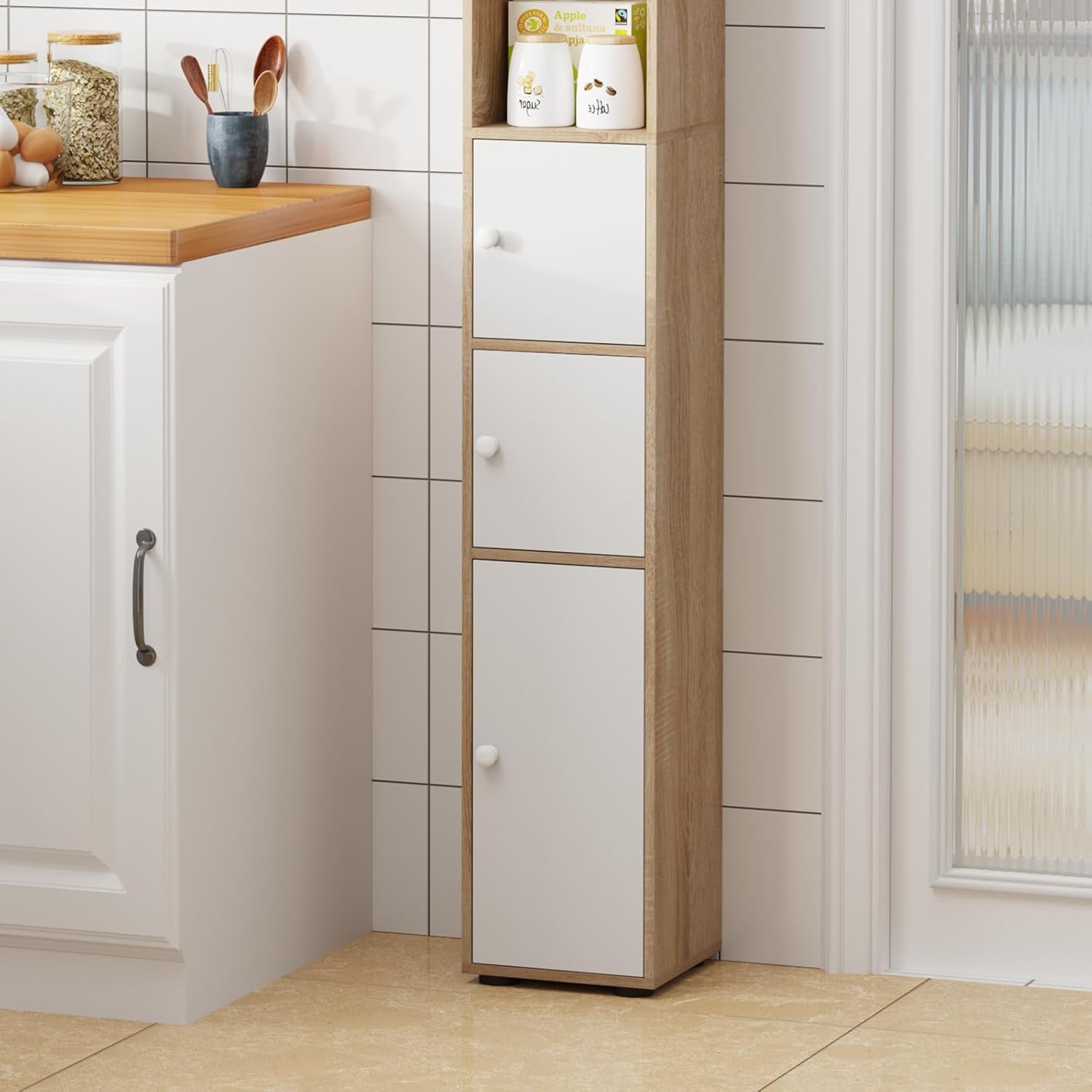 Tall Slim Corner Storage Cabinet Walnut White 180cm