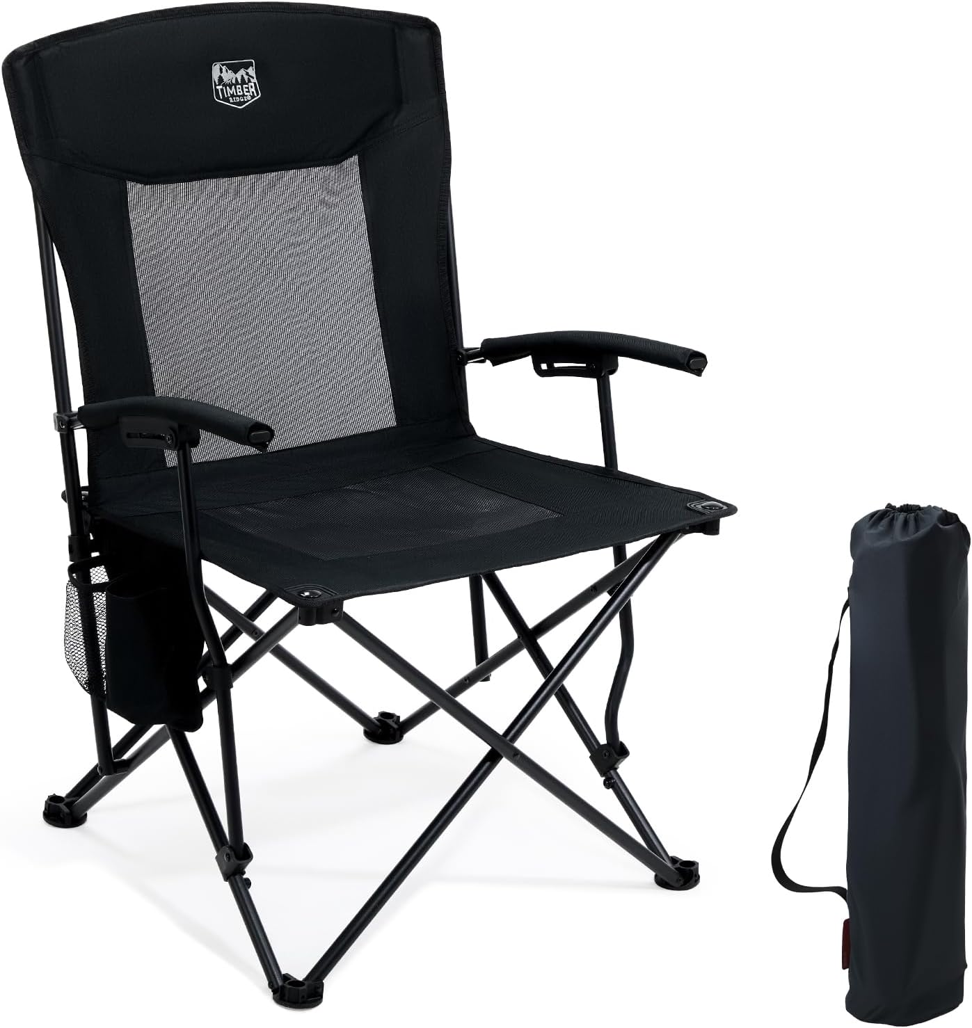 Oversized Camping Chair 150kg High Back Black Fold