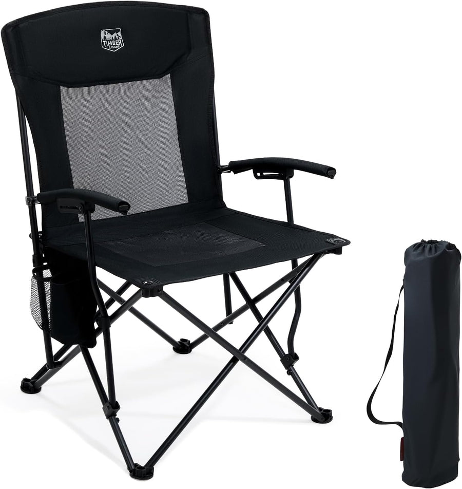 Oversized Camping Chair 150kg High Back Black Fold