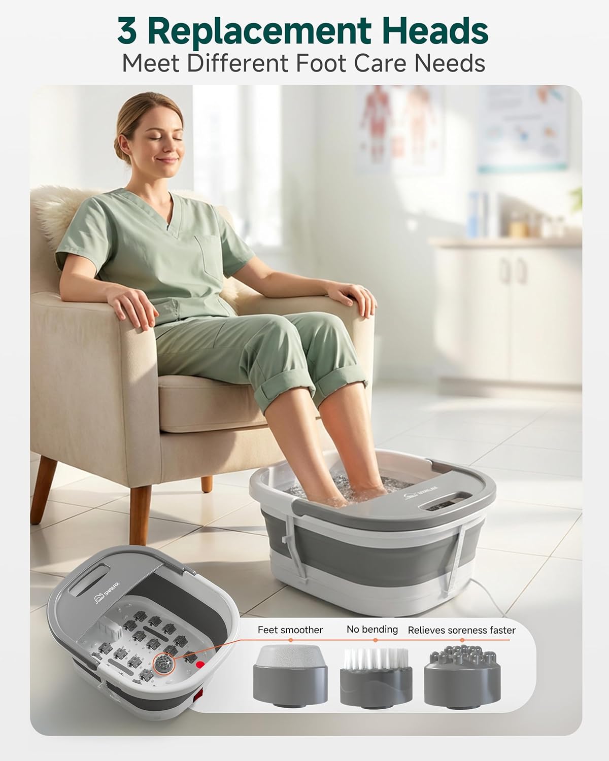 Foldable Foot Spa Massager Heat Bubble Vibration Rollers Temp