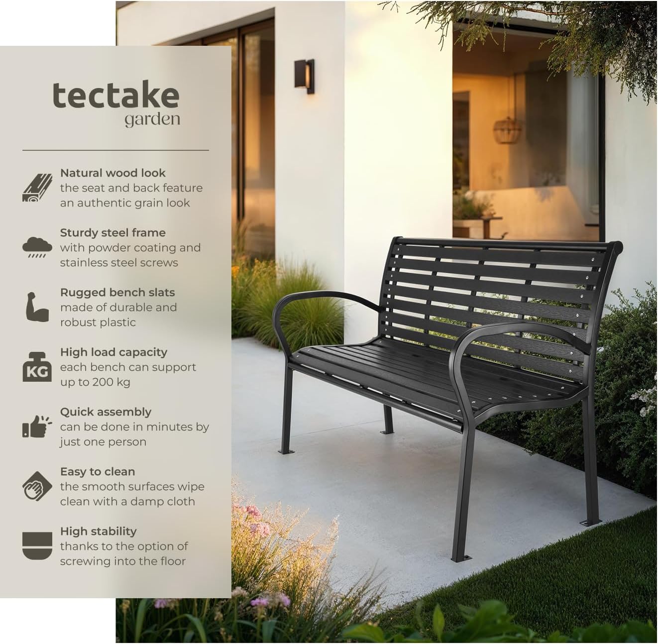 3 Seater Garden Bench Steel Frame Outdoor Patio Park Seat Black