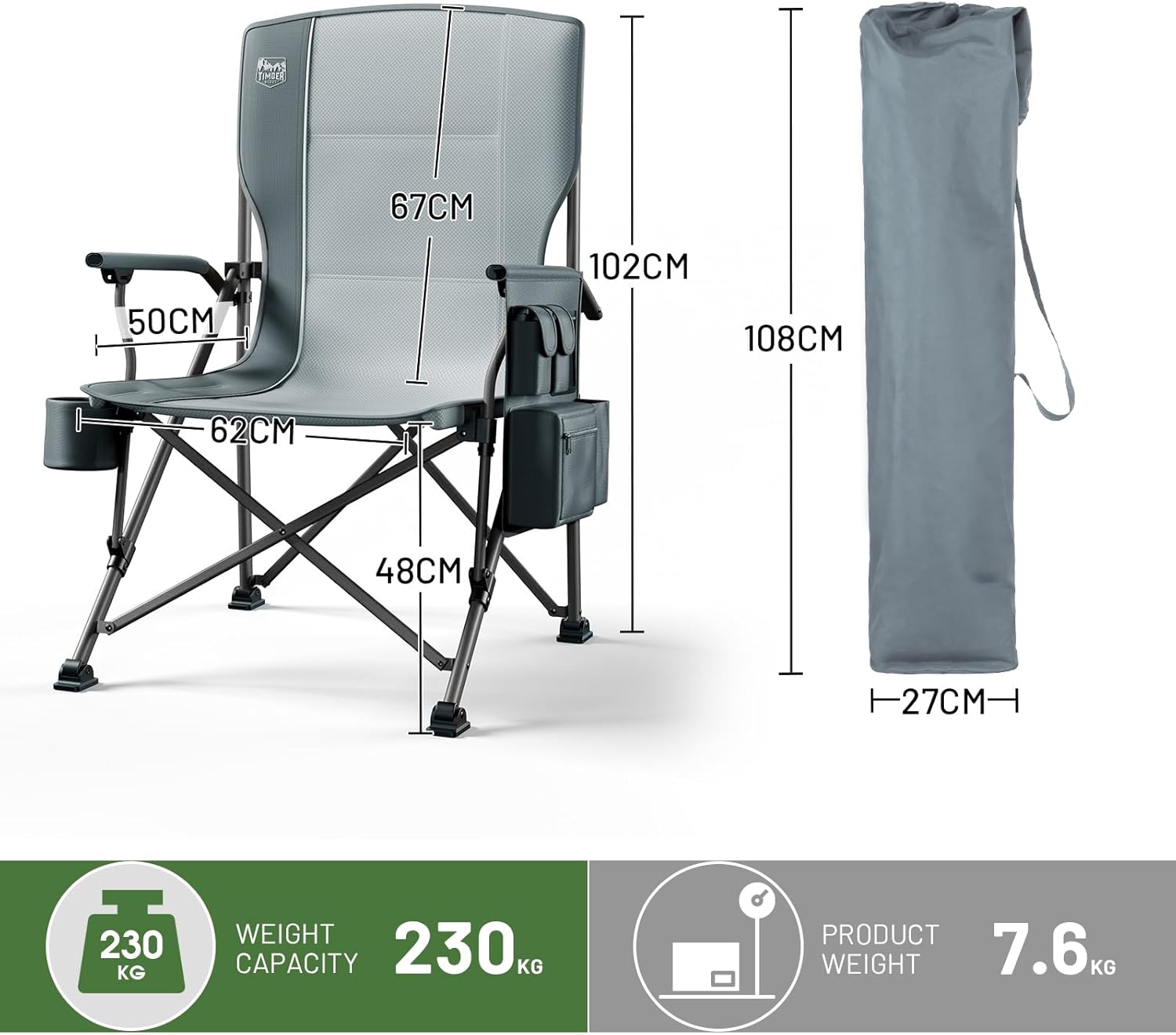 Oversized Outdoor Camping Chair with Cooler Pocket Grey
