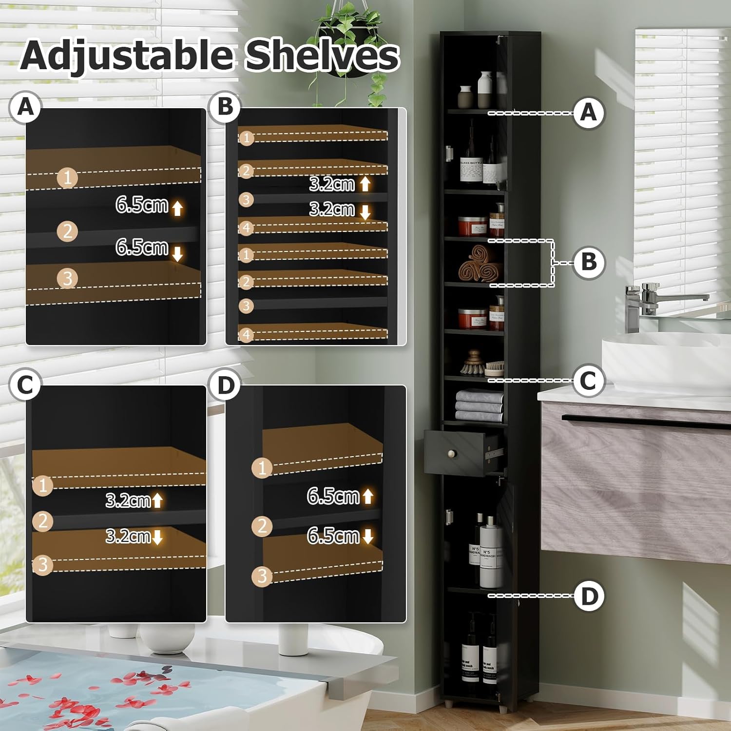 Tall Slim Bathroom Storage Cabinet Drawer Adjustable Shelves Black