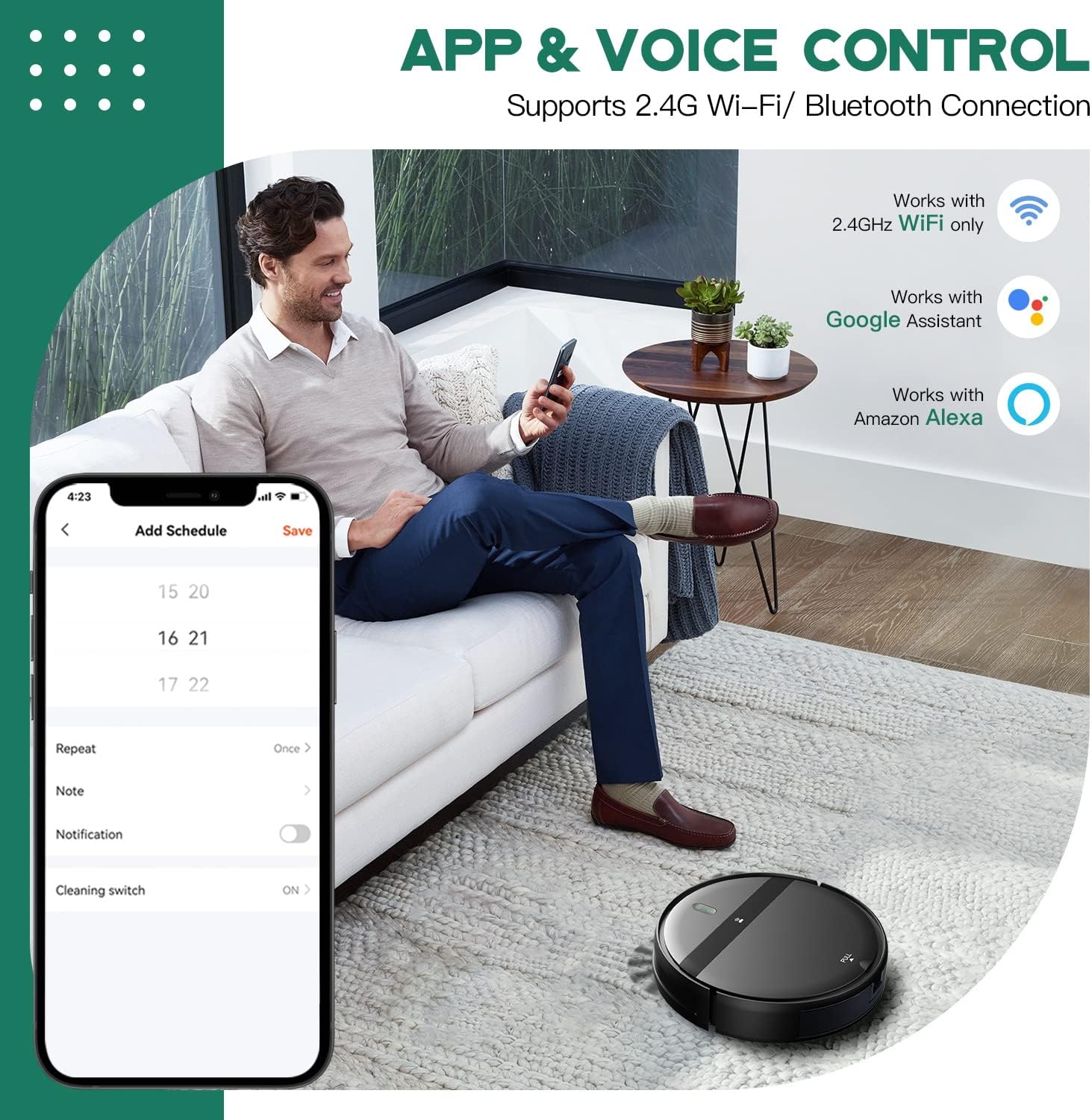 Robot Vacuum Mop 2300Pa Pet Hair App Alexa Control Slim Auto Recharge
