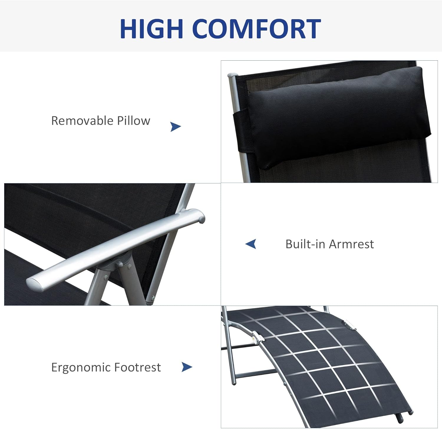 Heavy Duty Folding Sun Lounger 7 Level Recliner Black