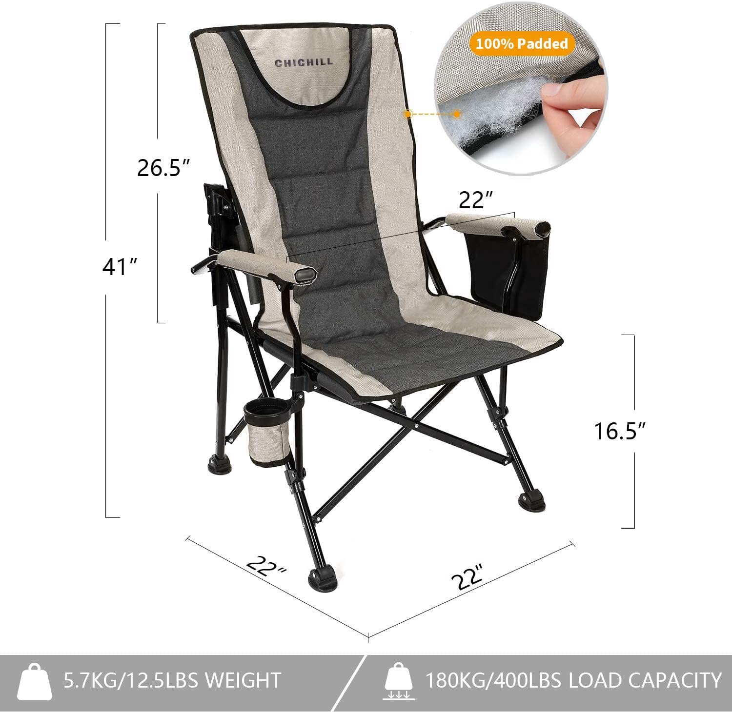 Oversized Folding Camping Chair Heavy Duty 180kg Grey