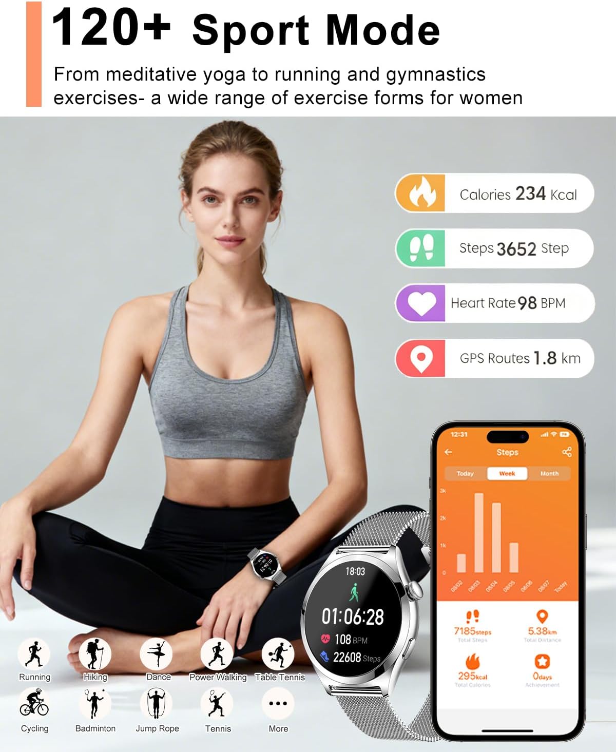Silver Womens Smart Watch Bluetooth Calls Fitness
