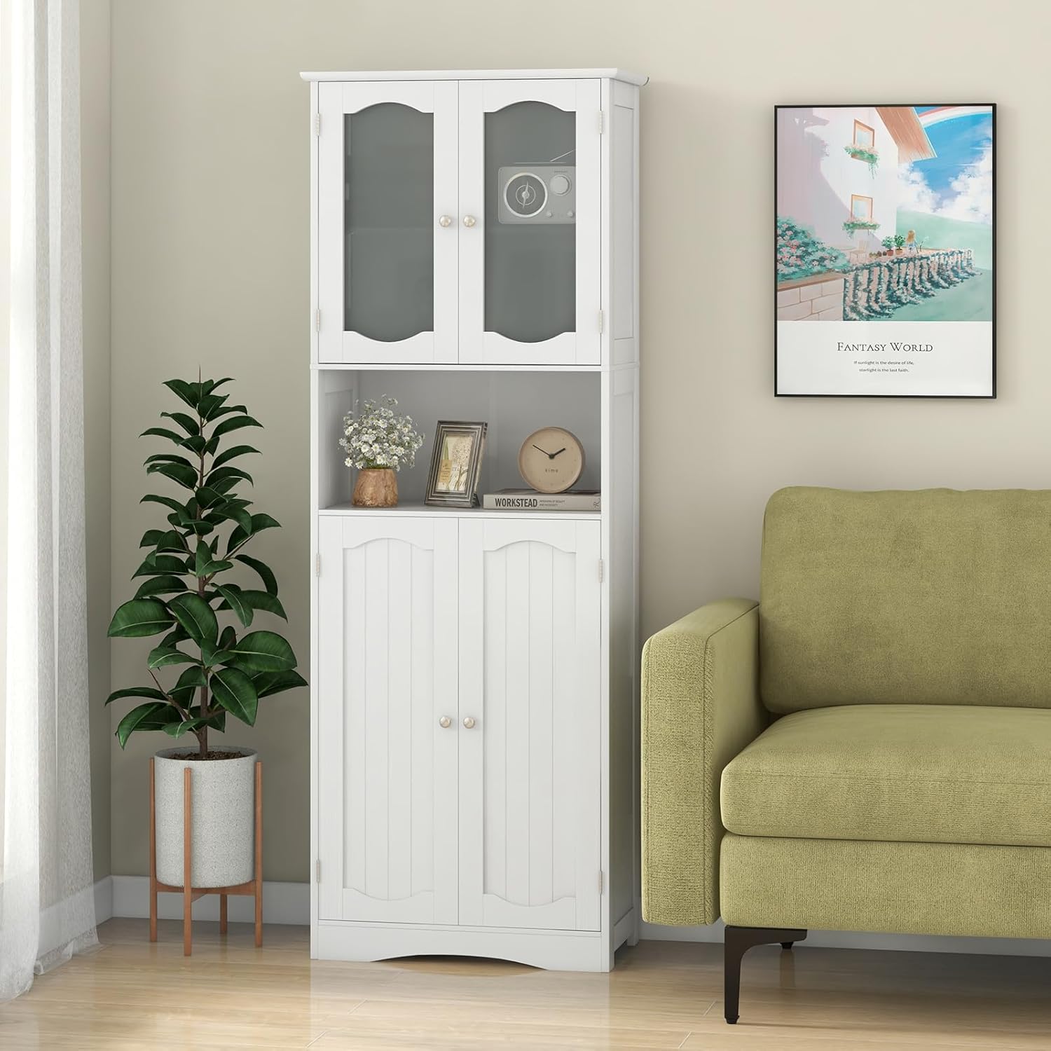 Tall Bathroom Cabinet White Frost Glass Door Shelf Unit