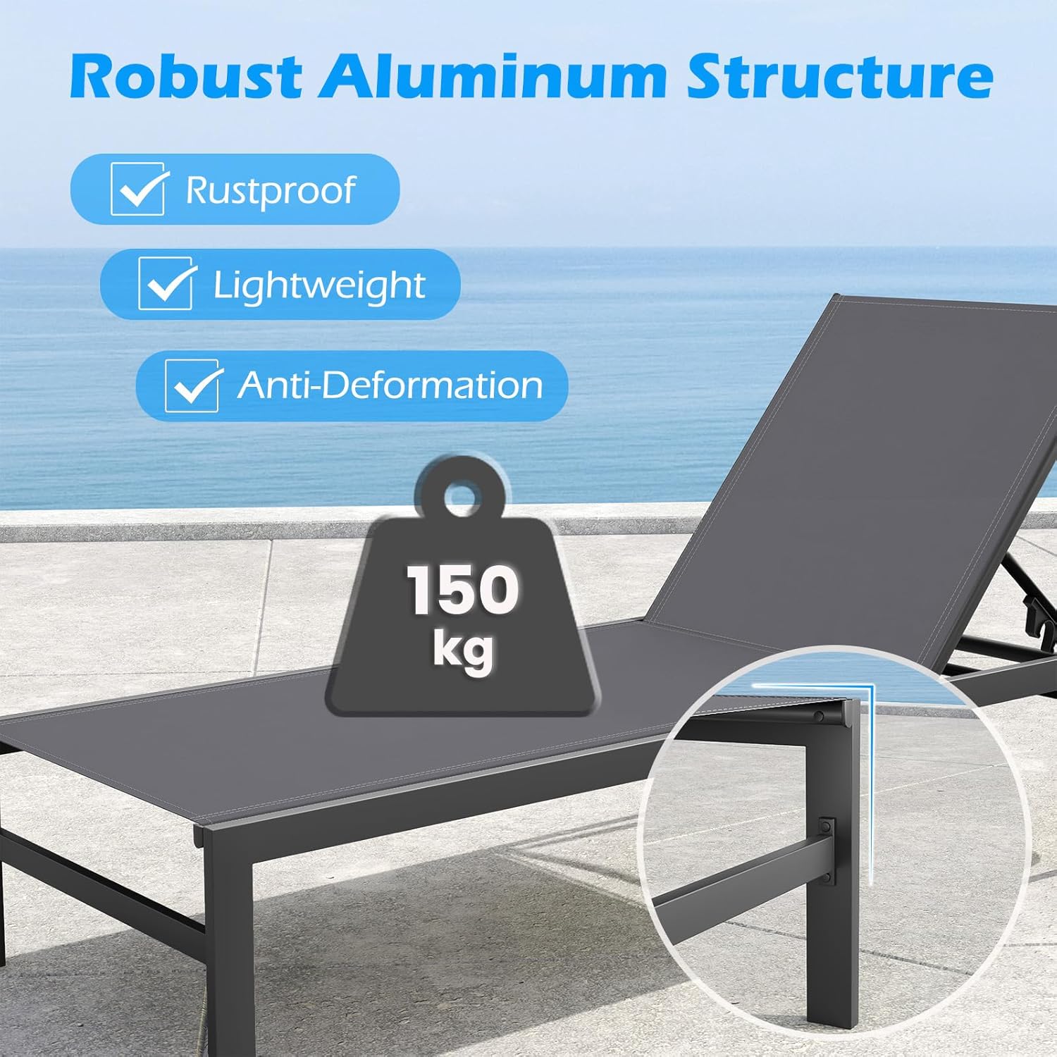 Garden Sun Lounger Adjustable Patio Chaise Recliner Grey Aluminum