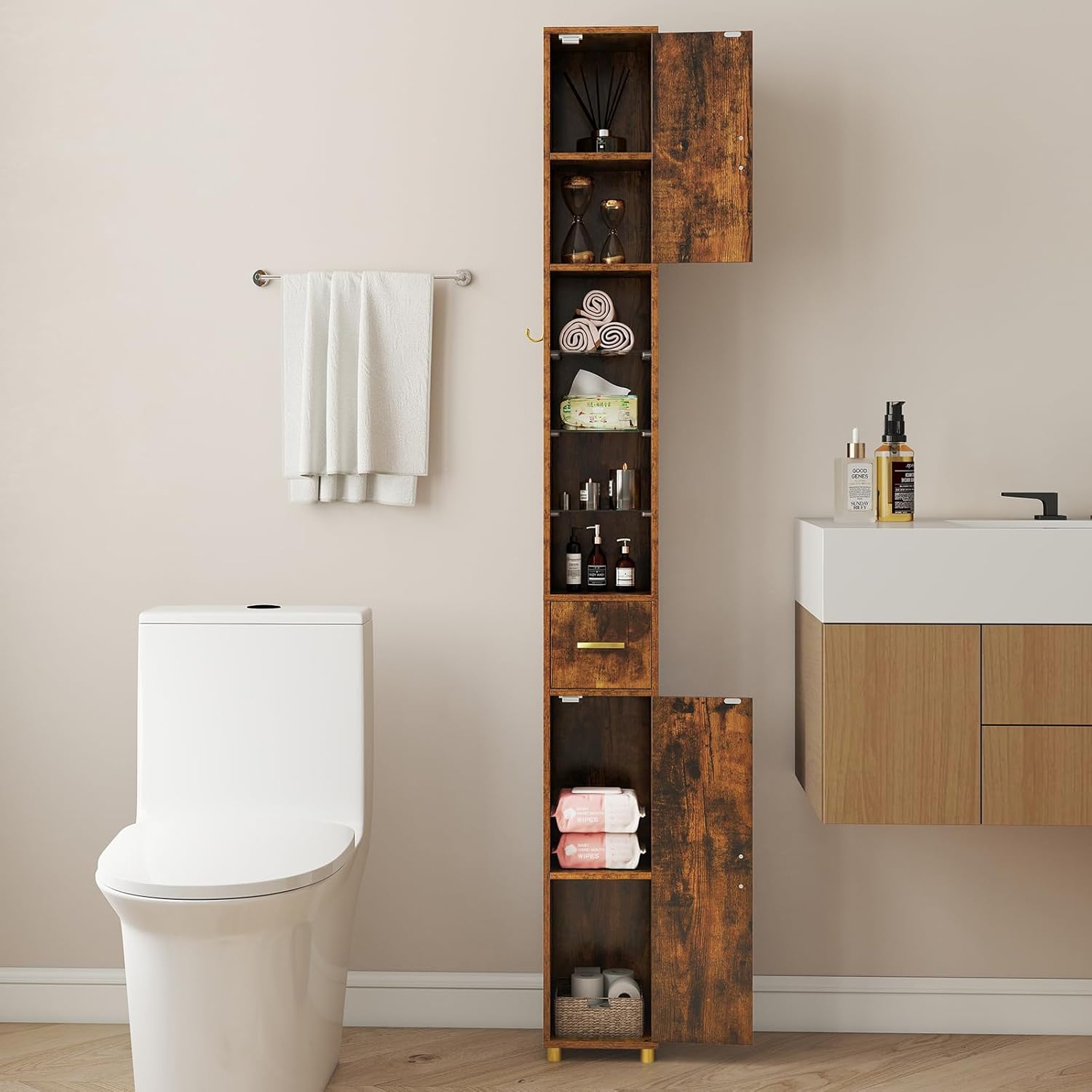 Tall Slim Bathroom Cabinet LED Lights Drawer Rustic Brown 180cm