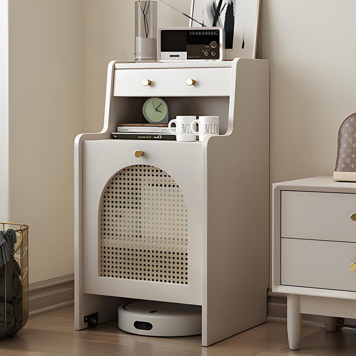 Robot Vacuum Storage Cabinet White Mobile Organizer Drawer Rattan Door