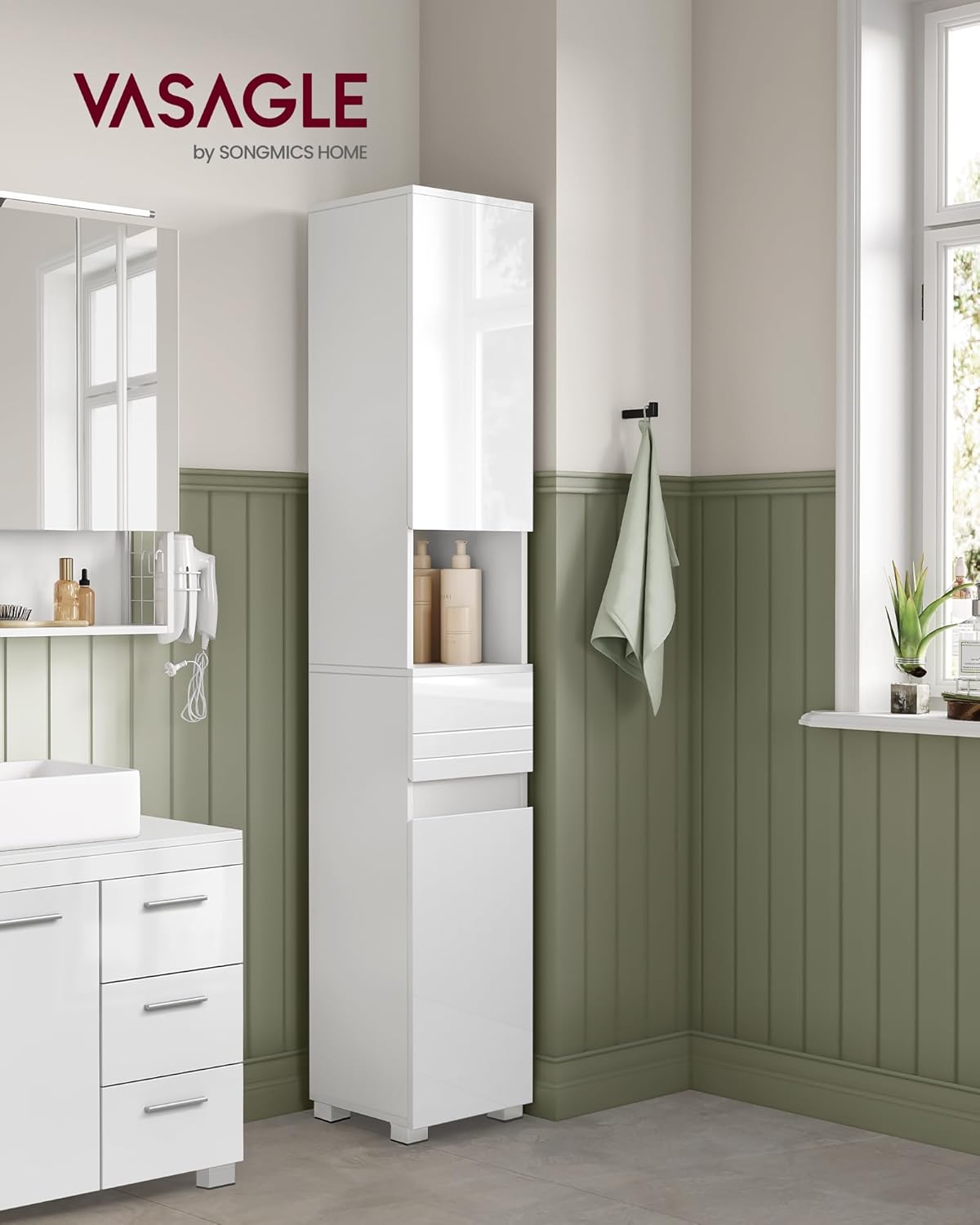 Tall Slim Bathroom Storage Cabinet Drawer Adjustable Shelves White 170cm