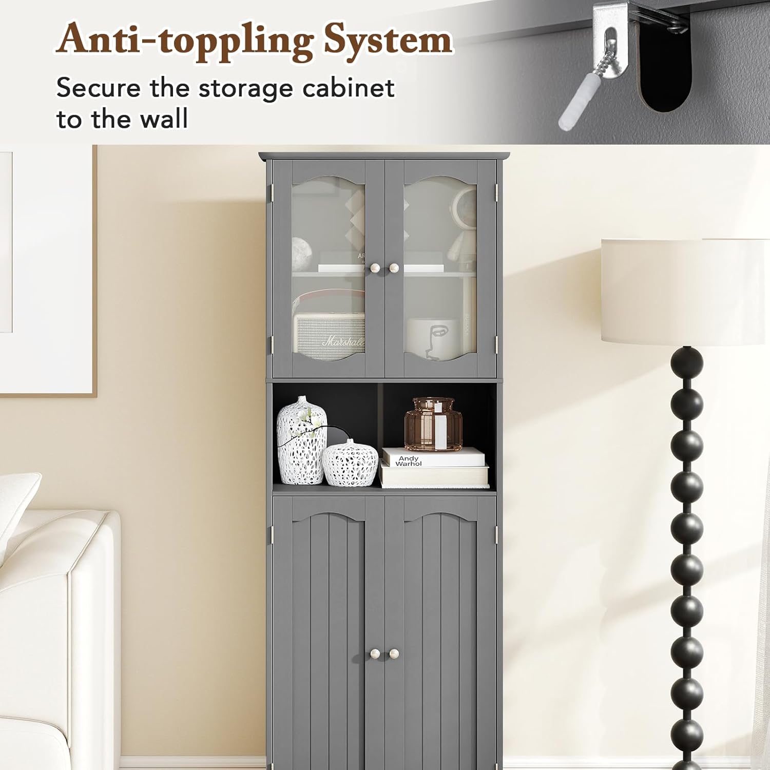 Tall Grey Storage Cabinet Frost Glass Door Shelf Unit