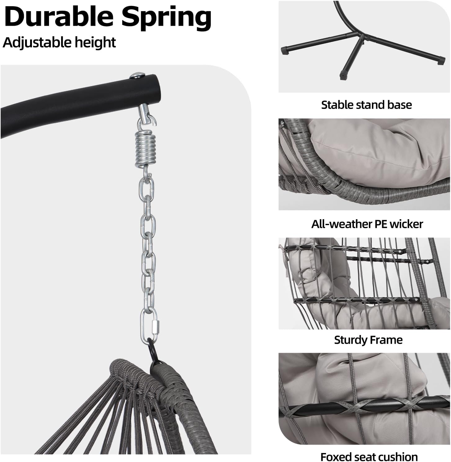 Rattan Egg Swing Chair with Stand Cushion Grey