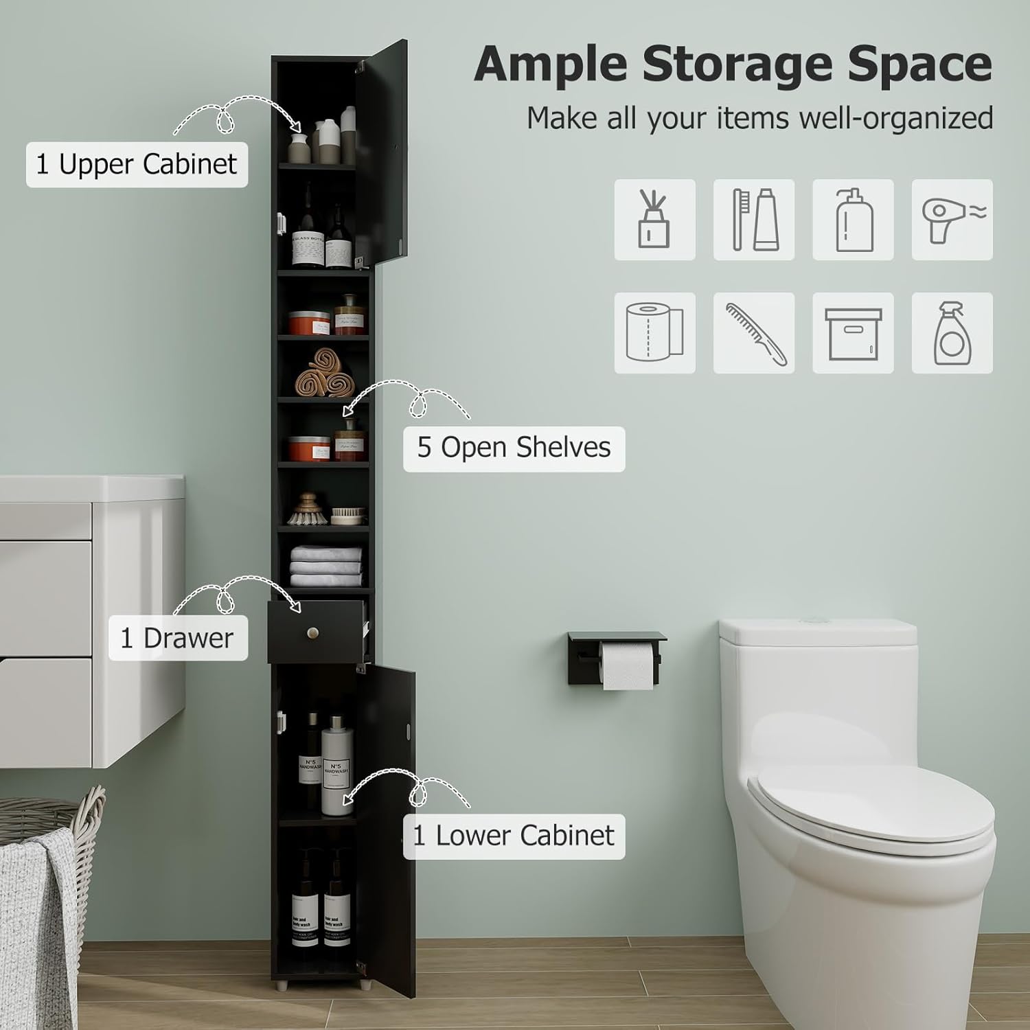Tall Slim Bathroom Storage Cabinet Drawer Adjustable Shelves Black