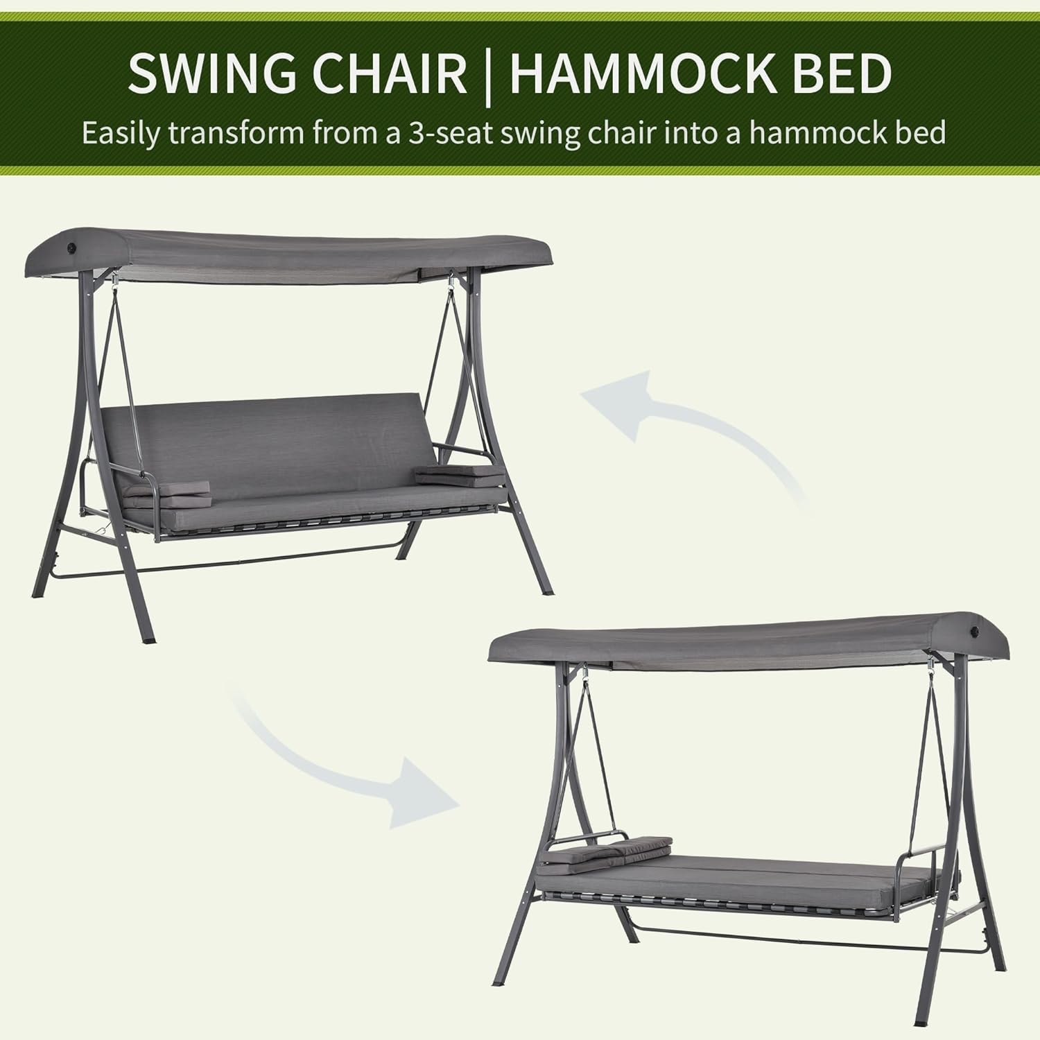 3 Seater Swing Chair Bed Convertible Canopy Grey