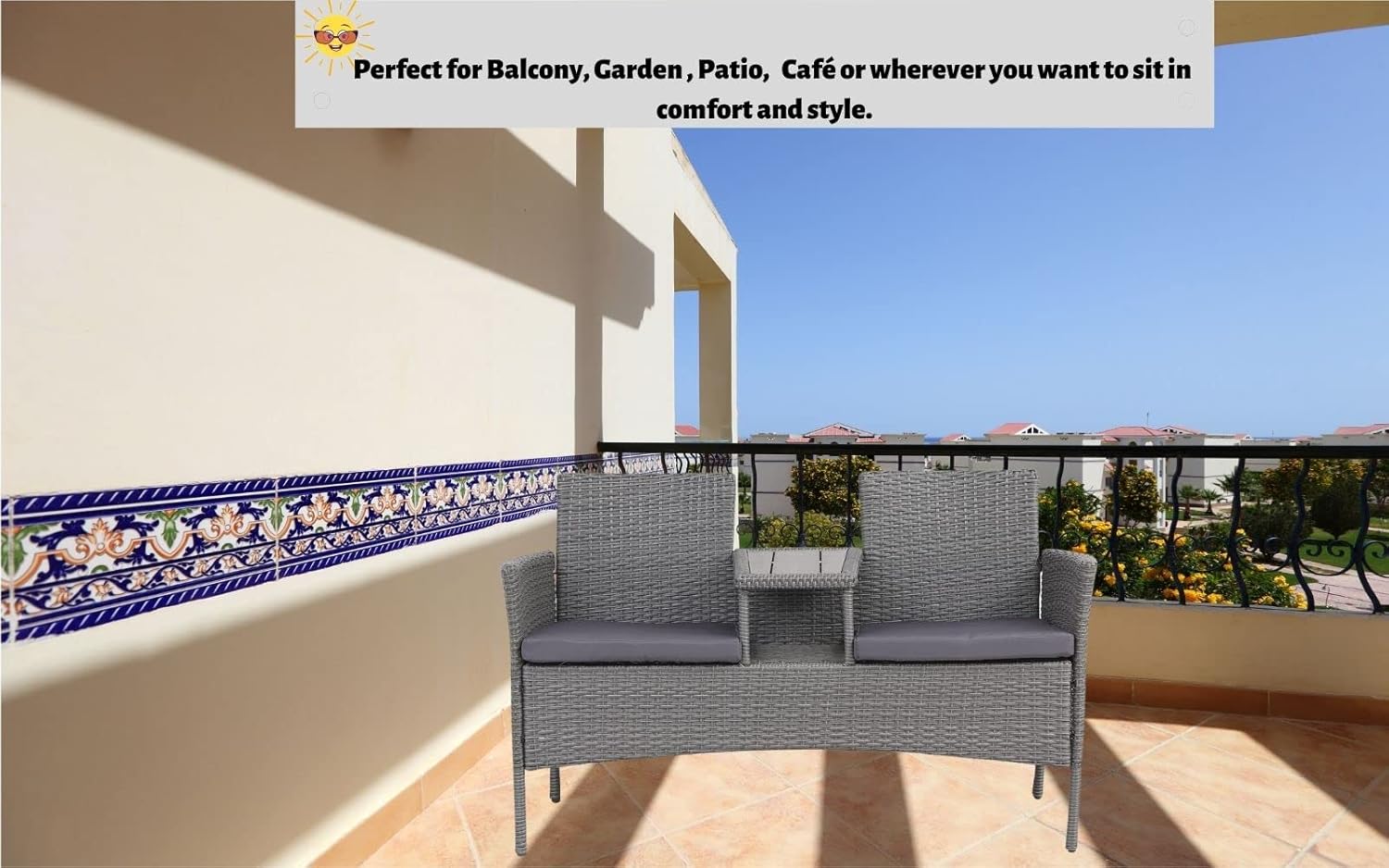 Rattan 2 Seater Companion Bench with Table Patio Garden Seat