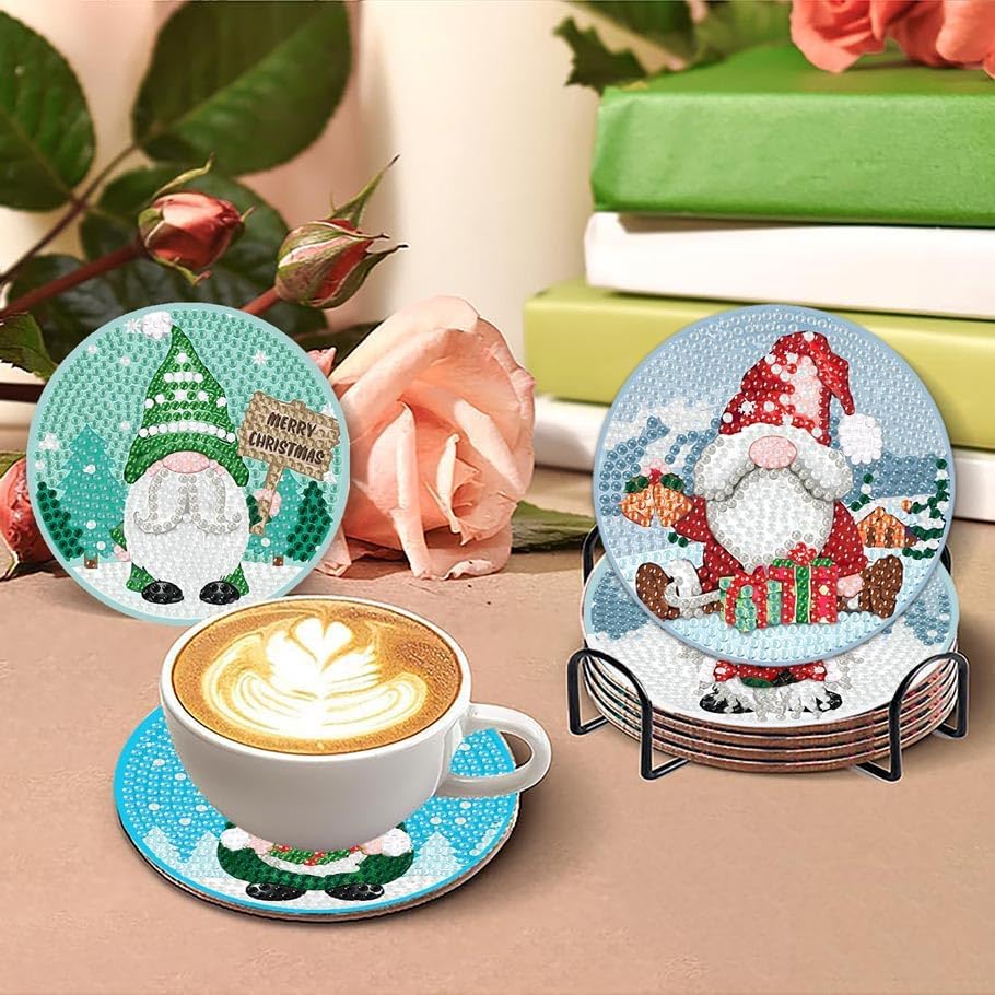 8Pcs Christmas Diamond Art Coasters Kit Gnome DIY Craft Set