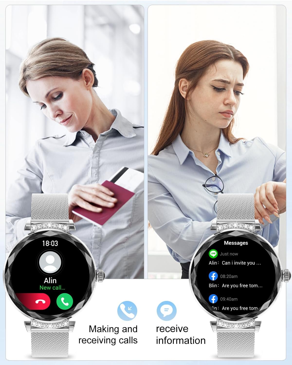 Womens AMOLED Smart Watch Bluetooth Call Fitness Tracker Silver