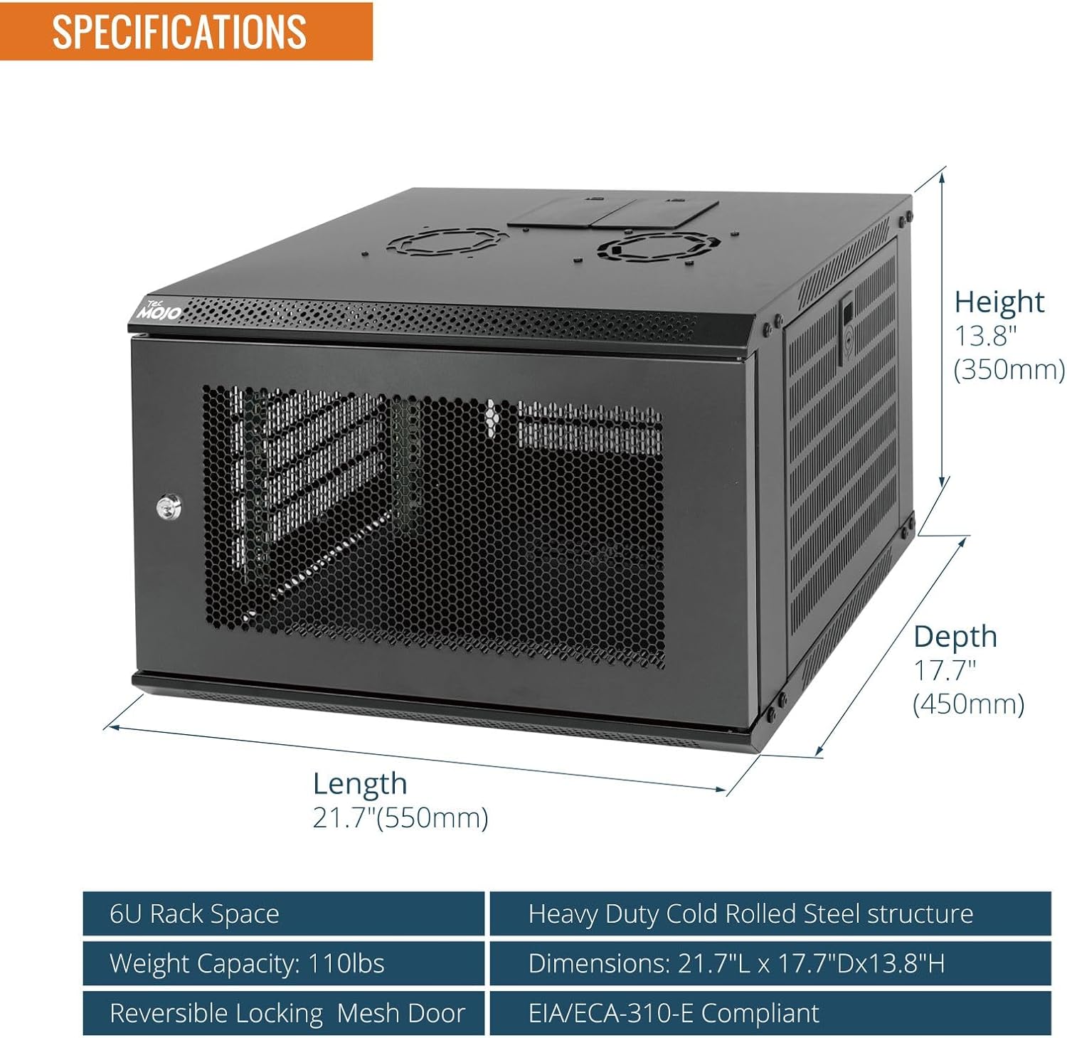6U Wall Mount Server Cabinet 450mm Mesh Door Black