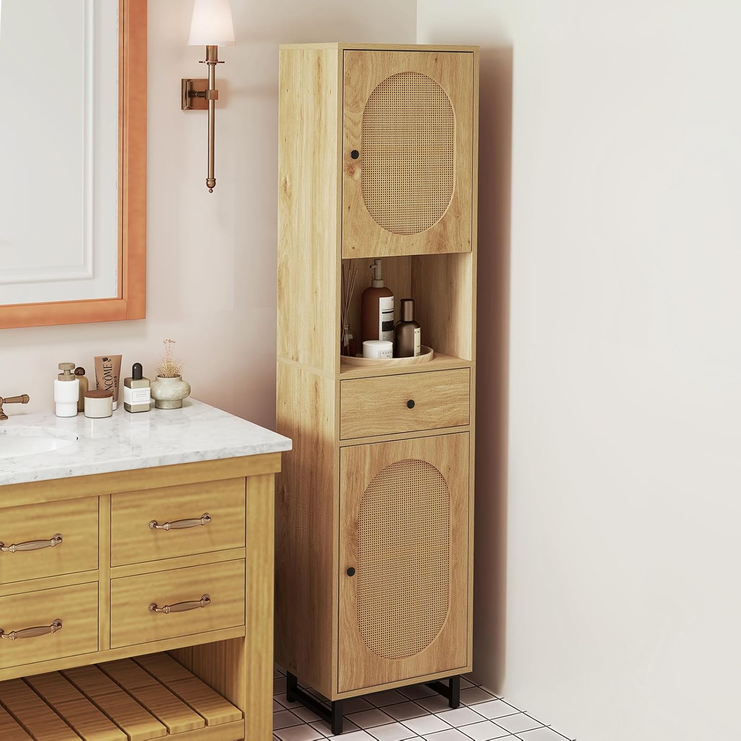 Tall Slim Storage Cabinet Natural Rattan Drawer Door Unit