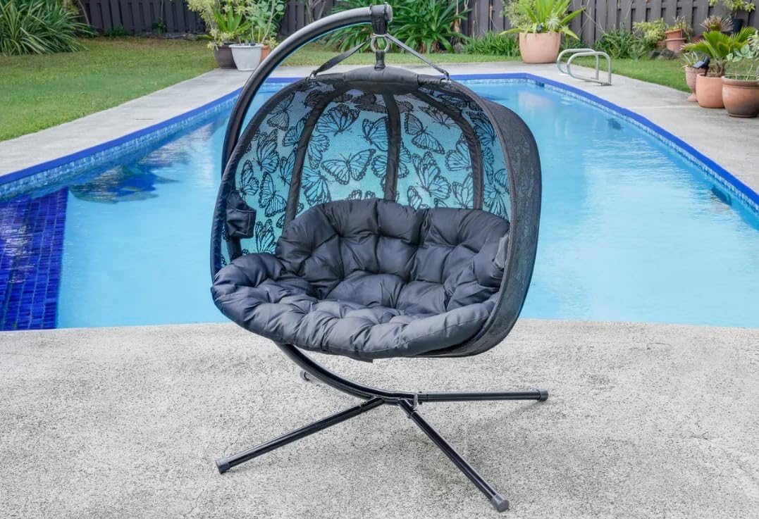 Double Hanging Egg Chair with Stand 2 Seater Plush Cushion Black