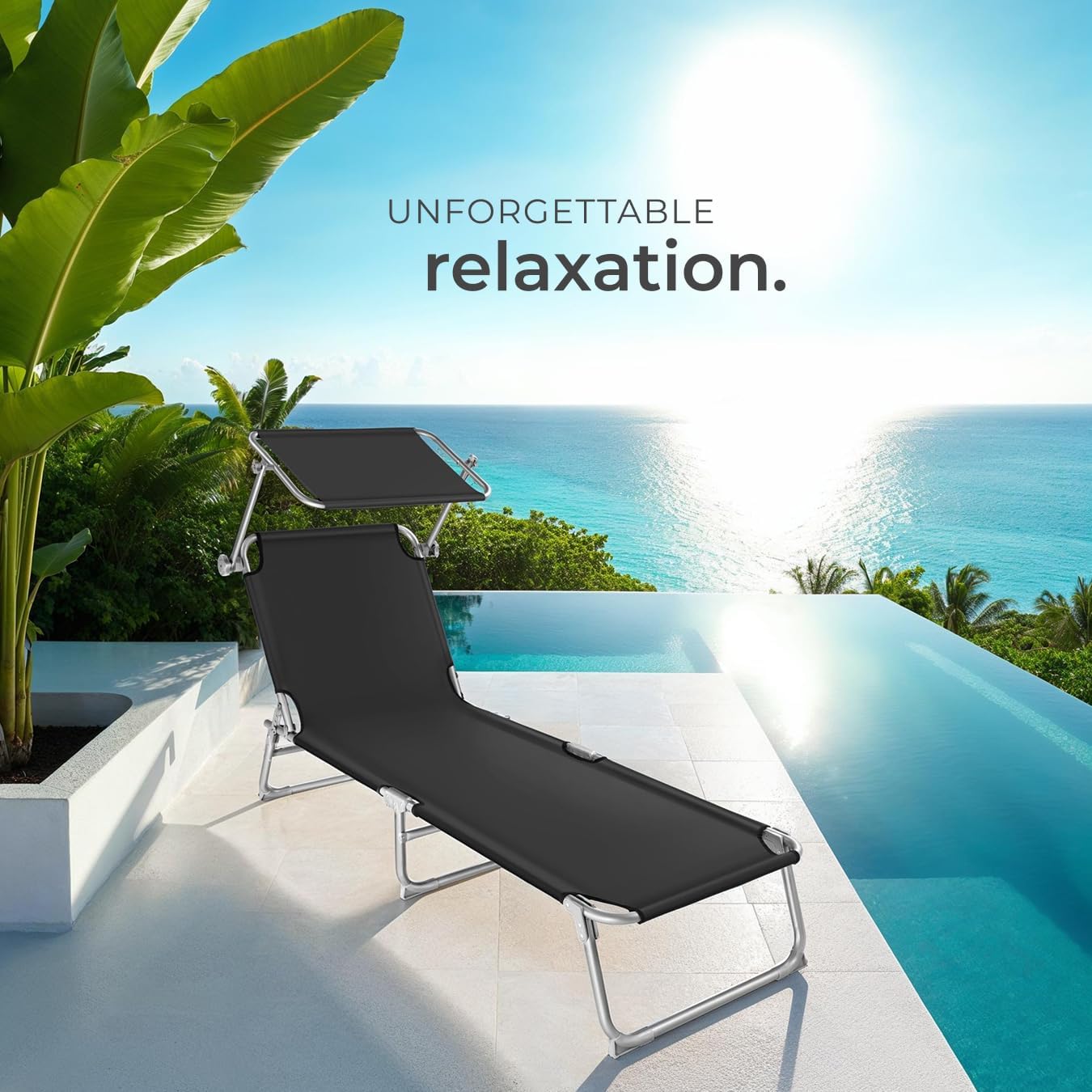 Folding Sun Lounger with Canopy Adjustable Backrest Black